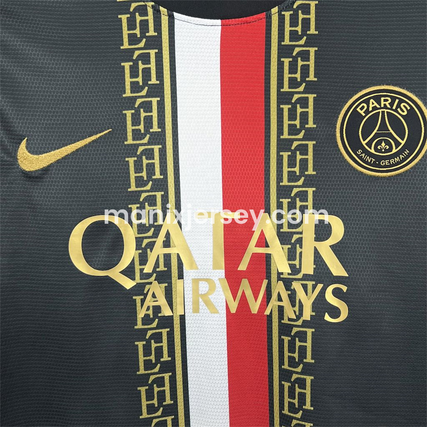 ManixJersey.com | Paris Saint-Germain PSG 25-26 Red White Stripes Black Jersey - Fans Version -Customize Name, Number and Patch | Worldwide Shipping