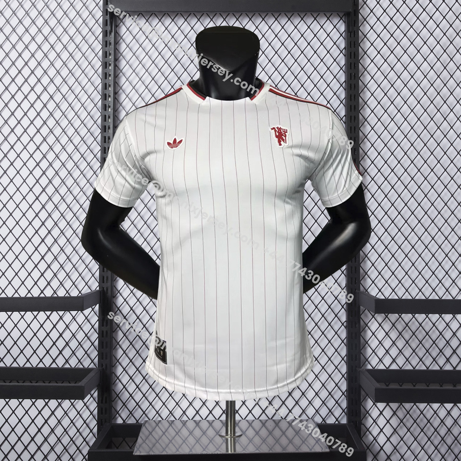 ManixJersey.com | Manchester United 25-26 Trefoil Red Lines White Travel Jersey - Player Version -Customize Name, Number and Patch | Worldwide Shipping