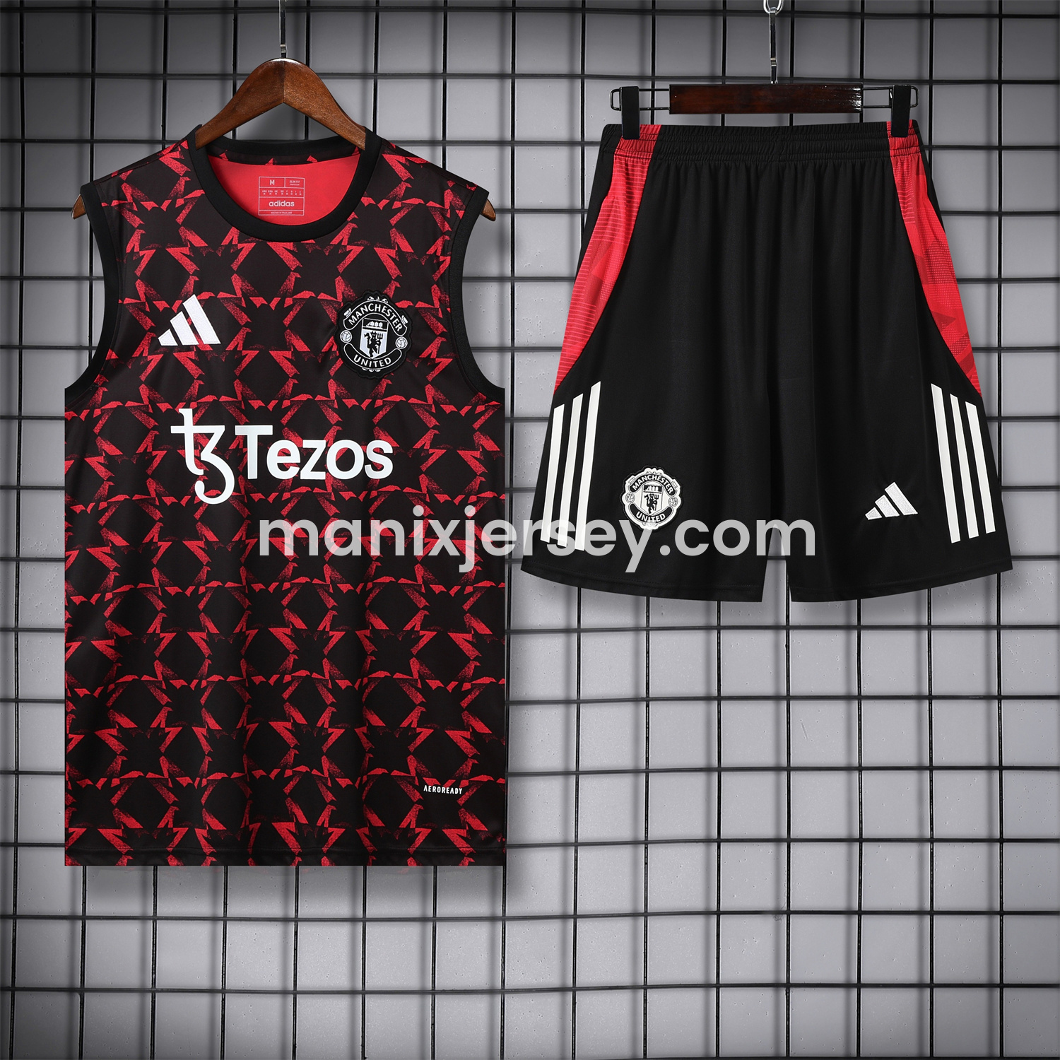 ManixJersey.com | Manchester United 25-26 Pre-Match Vest Training Set - Red Top & Black Shorts -Customize Name, Number and Patch | Worldwide Shipping