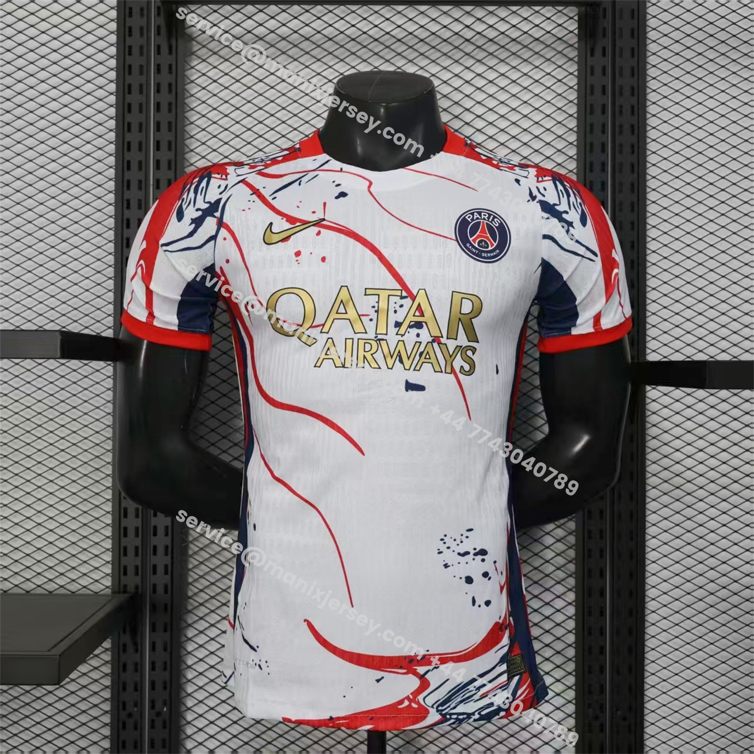 ManixJersey.com | Paris Saint-Germain PSG 25-26 Red And Blue Lines White Special Jersey - Player Version -Customize Name, Number and Patch | Worldwide Shipping