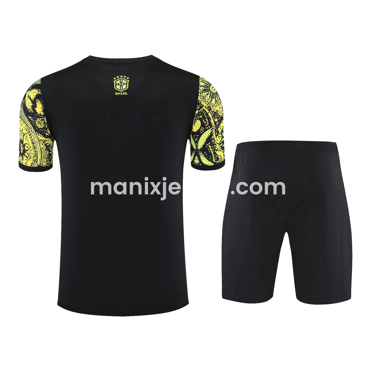 ManixJersey.com | Brazil 25-26 Yellow Jesus Statue Short-Sleeve Training Set - Yellow Top & Black Shorts -Customize Name, Number and Patch | Worldwide Shipping