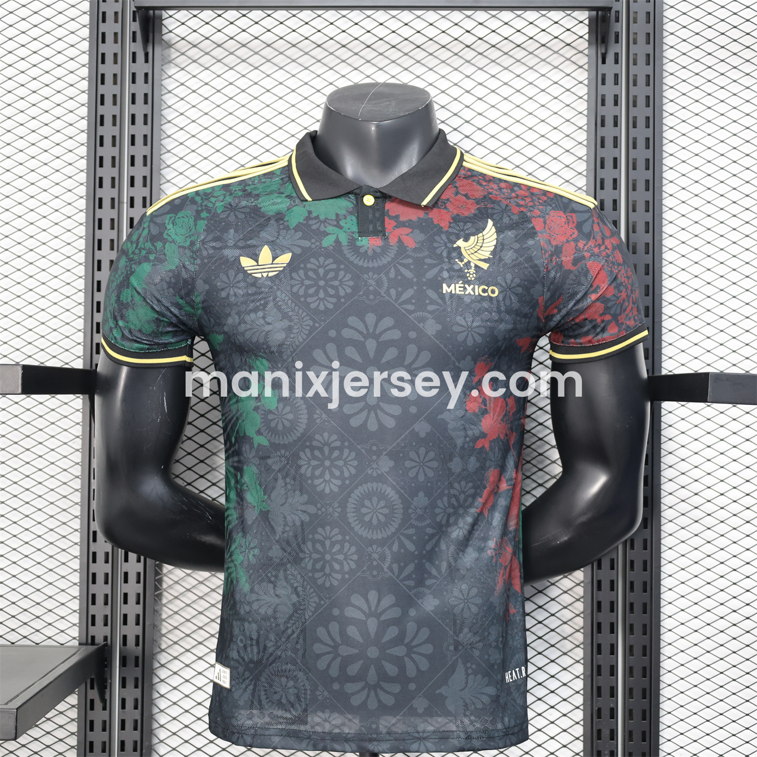 ManixJersey.com | Mexico 25-26 Black Polo Jersey with Red and Green Floral Pattern - Player Version -Customize Name, Number and Patch | Worldwide Shipping