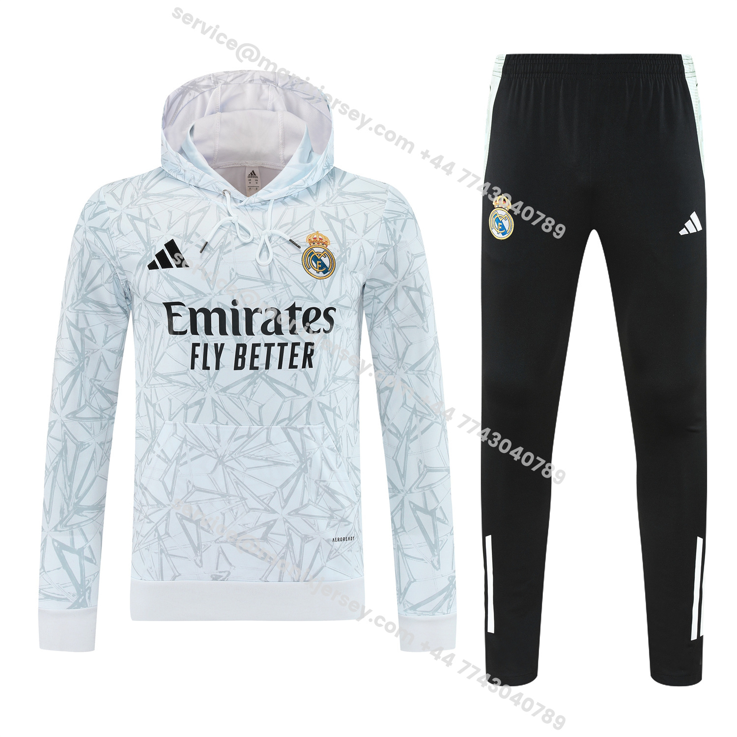 ManixJersey.com | Real Madrid 25-26 Traning Hoodie Set - Triangular Spots White Hoodie With Black Pants -Customize Name, Number and Patch | Worldwide Shipping