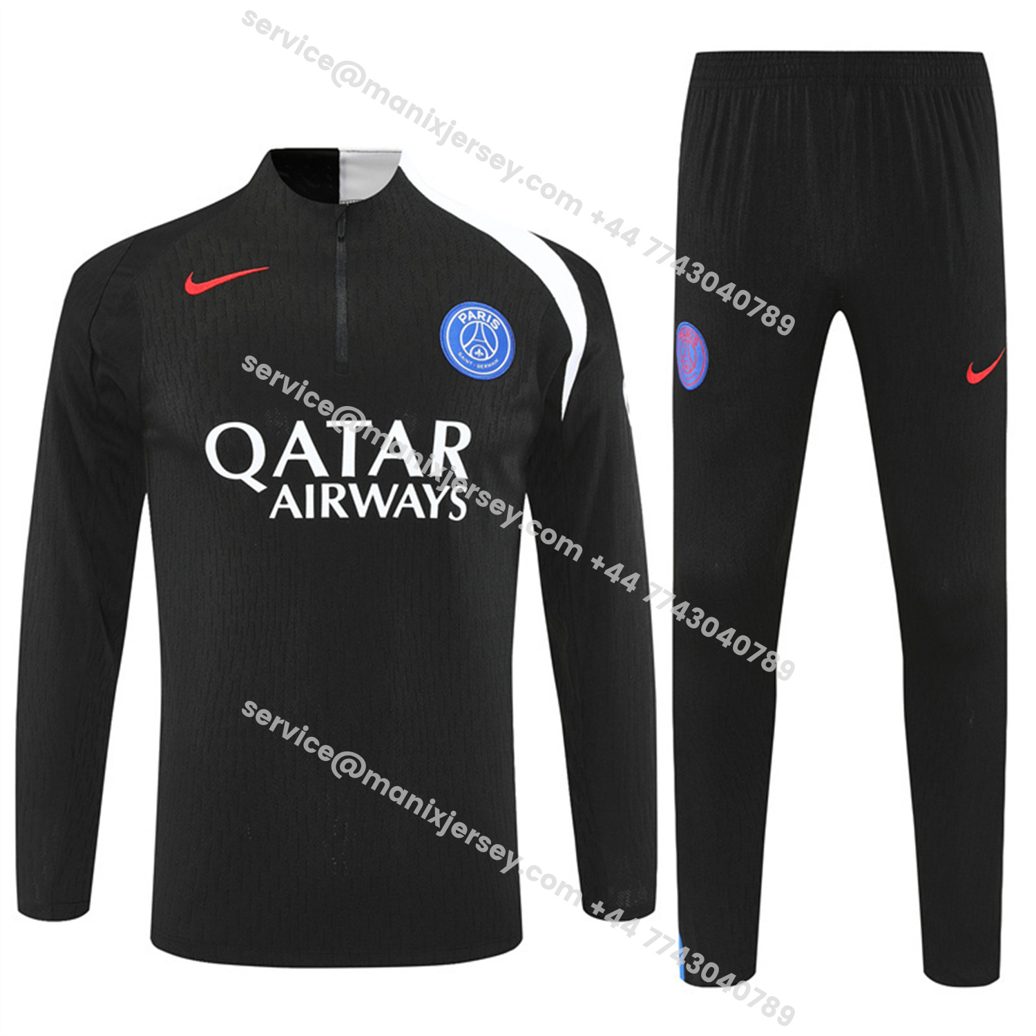 ManixJersey.com | Paris Saint-Germain PSG 25-26 Long Sleeve Training Set - Player Version - Black Top and Black Pants -Customize Name, Number and Patch | Worldwide Shipping
