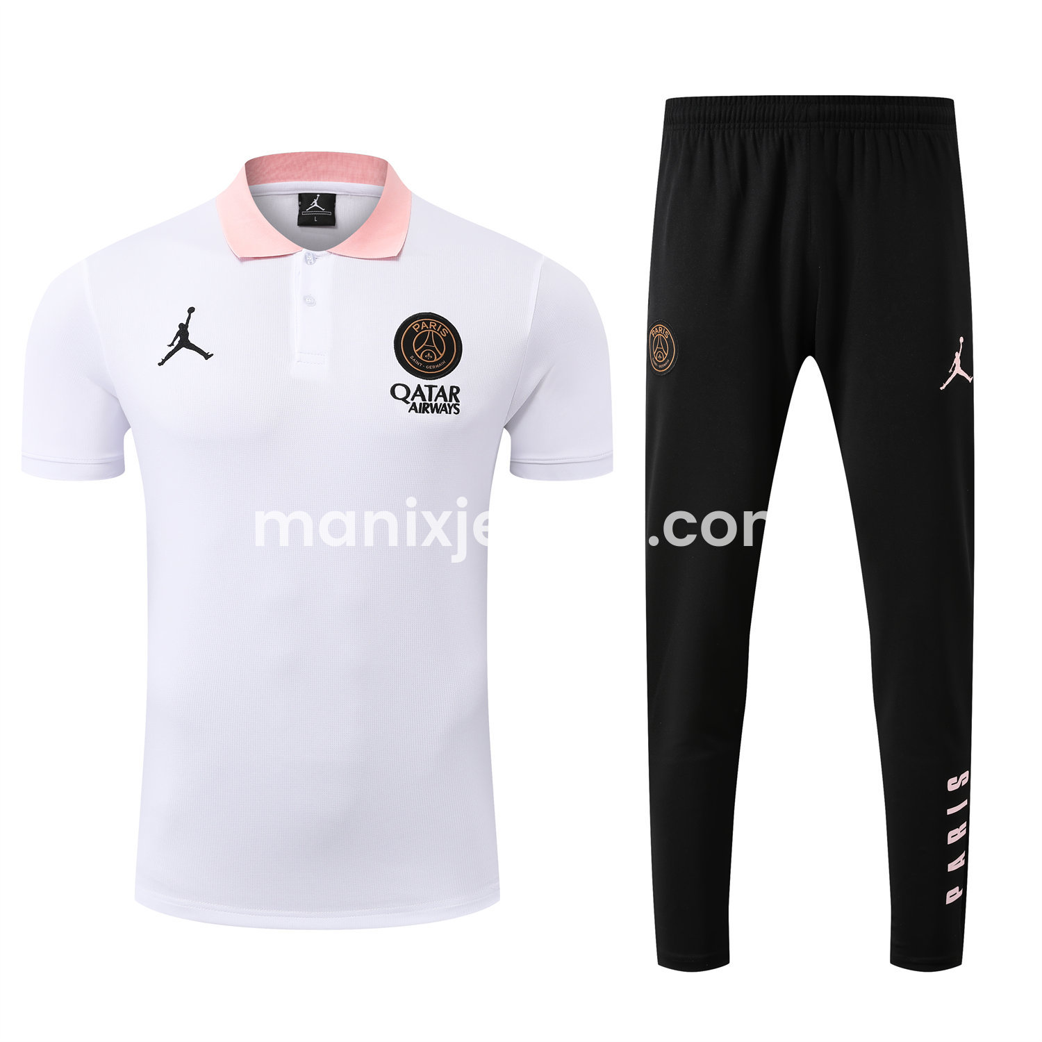 ManixJersey.com | Paris Saint-Germain PSG 25-26 POLO Short-Sleeve Training Set - White Top and Black Pants -Customize Name, Number and Patch | Worldwide Shipping