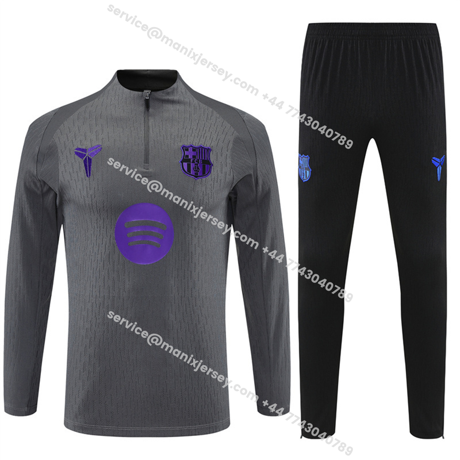 ManixJersey.com | Barcelona 25-26 Kids Long Sleeve Training Set - Grey Top & Black Pants -Customize Name, Number and Patch | Worldwide Shipping