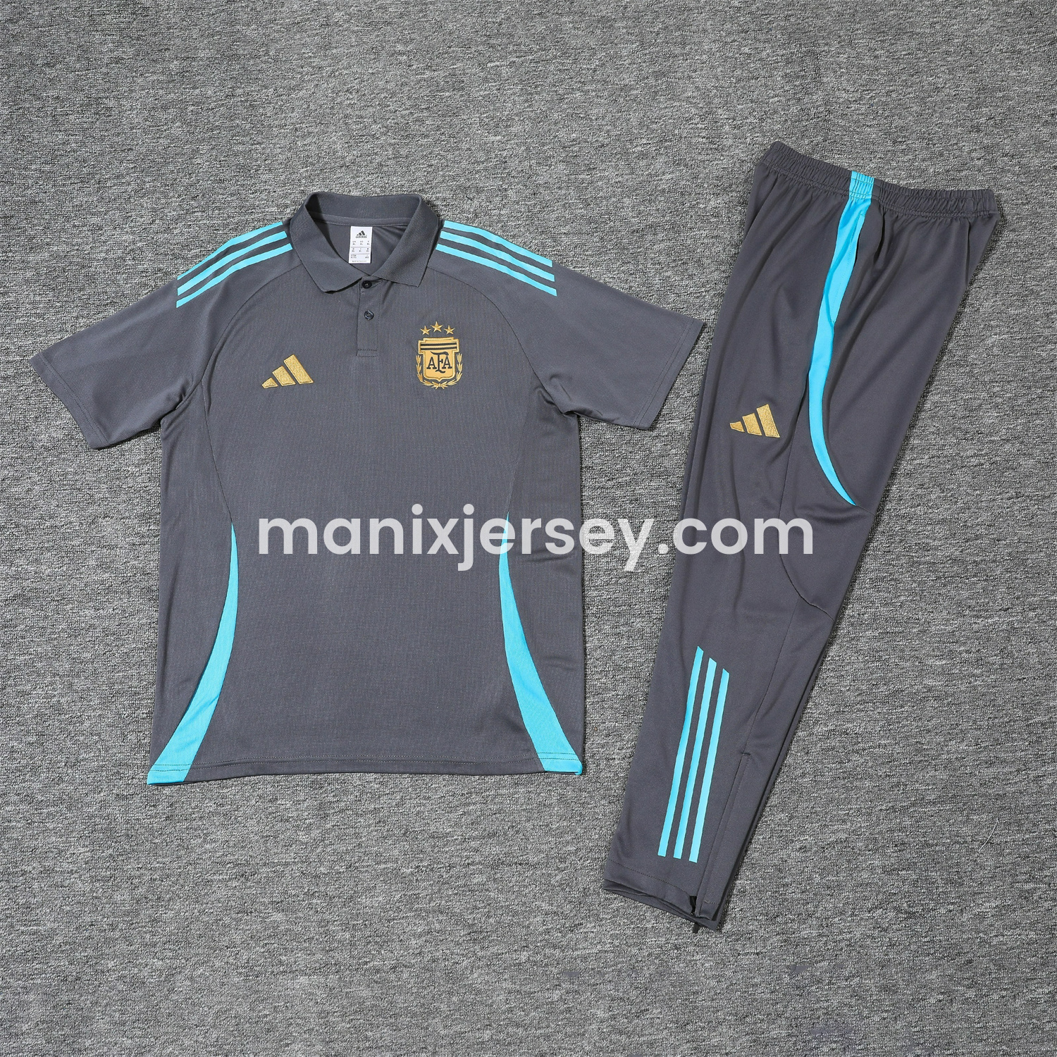 ManixJersey.com | Argentina 25-26 POLO Short-Sleeve Training Set - Grey Top and Pants with Blue Stripes -Customize Name, Number and Patch | Worldwide Shipping