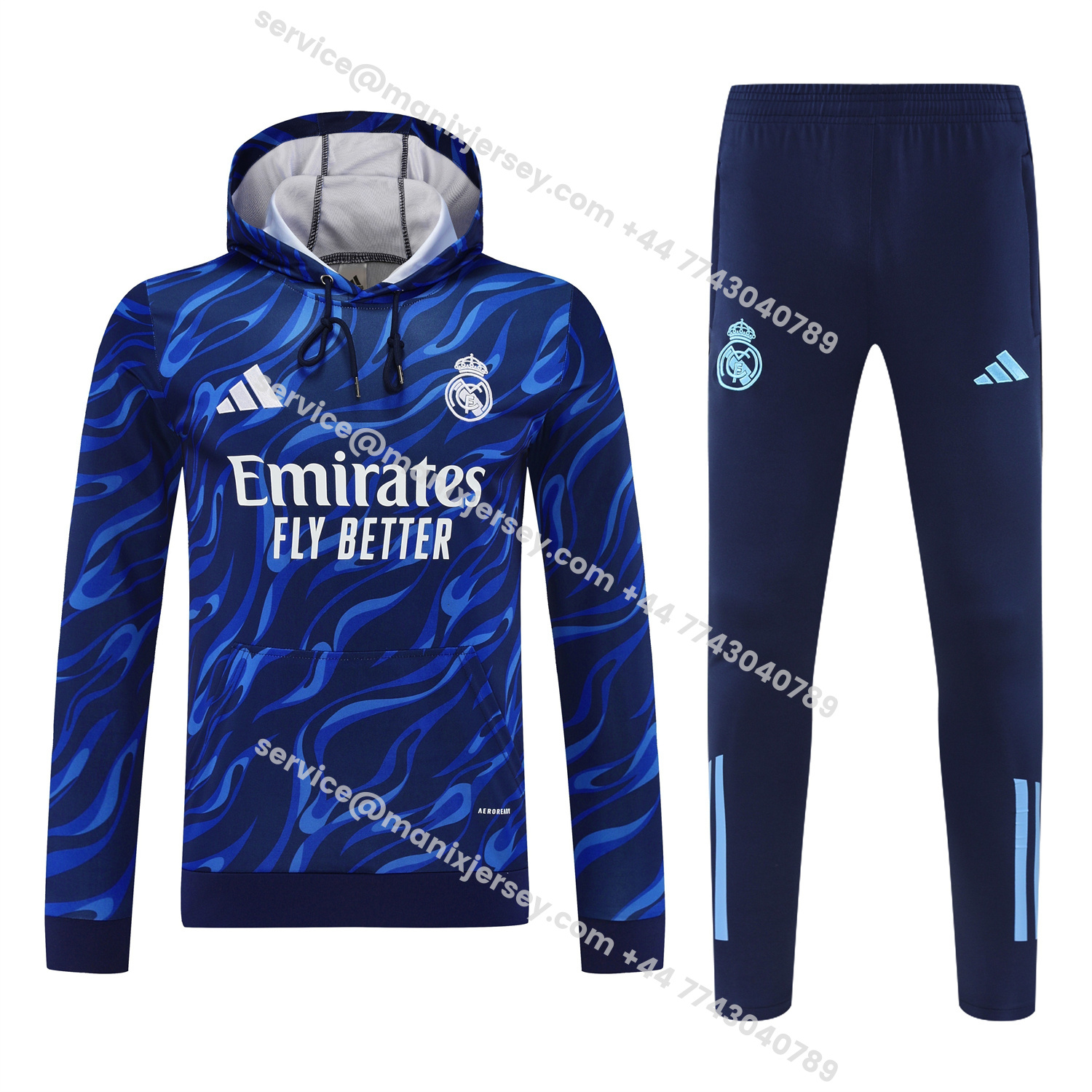 ManixJersey.com | Real Madrid 25-26 Training Hoodie Set - Blue Hoodie and Deep Blue Pants -Customize Name, Number and Patch | Worldwide Shipping