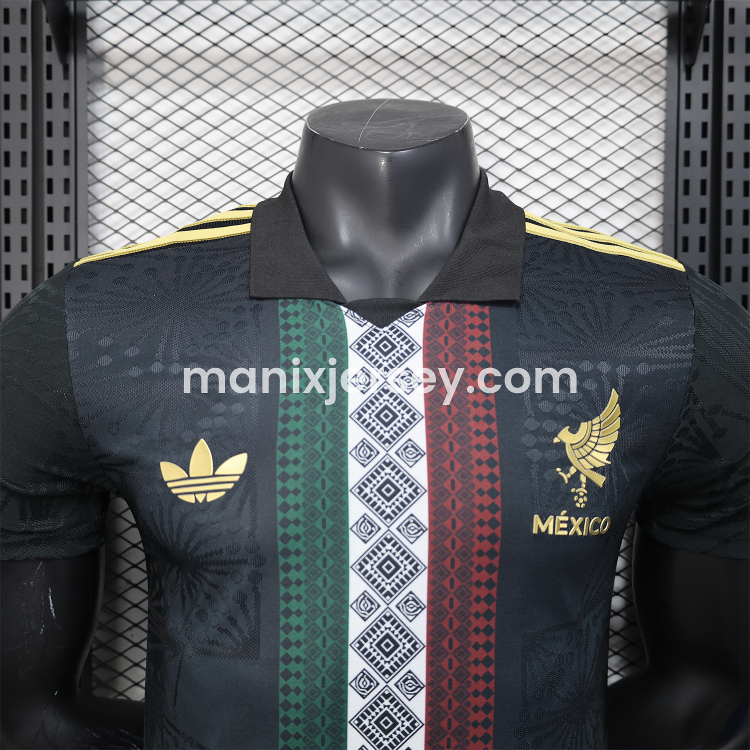 ManixJersey.com | Mexico 25-26 Black Polo Jersey with Red White and Green Decorative Pattern - Player Version -Customize Name, Number and Patch | Worldwide Shipping