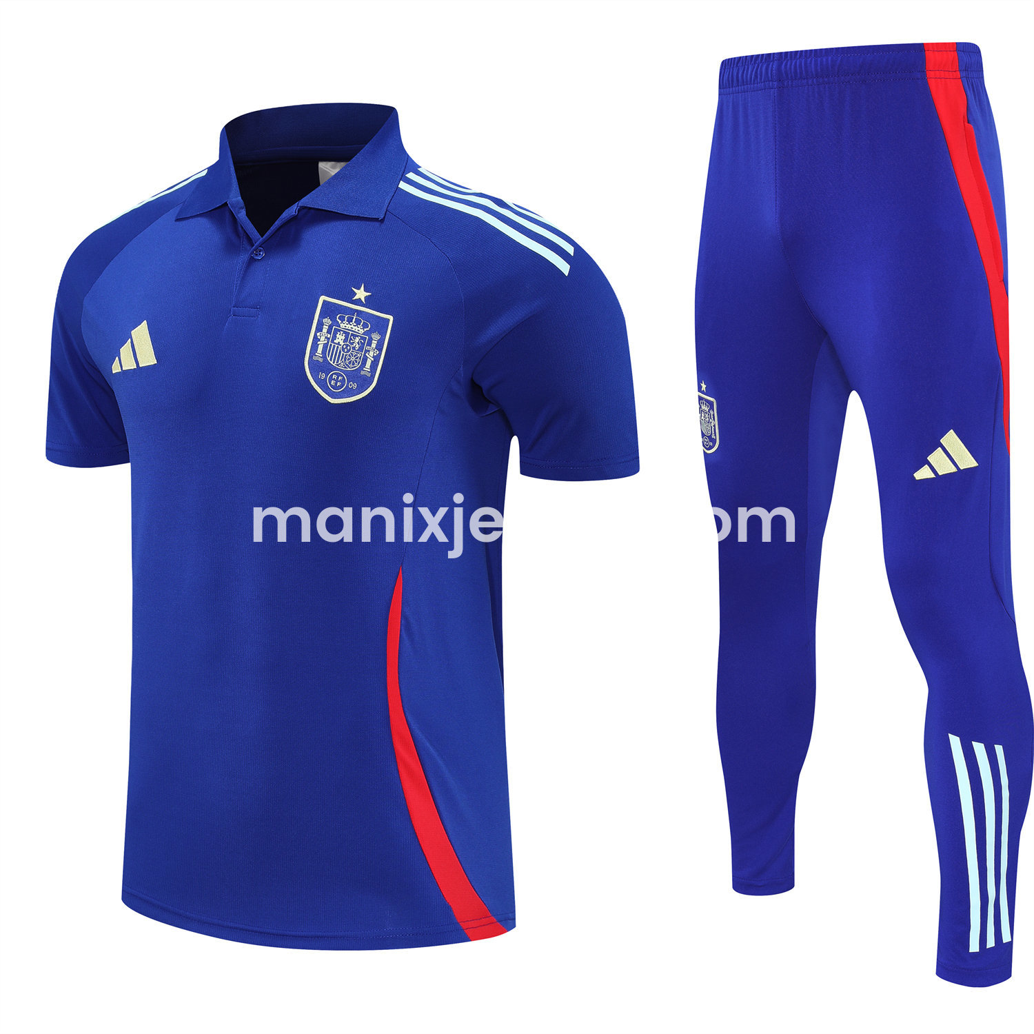 ManixJersey.com | Spain 25-26 POLO Short-Sleeve Training Set - Royal Blue Top and Pants -Customize Name, Number and Patch | Worldwide Shipping