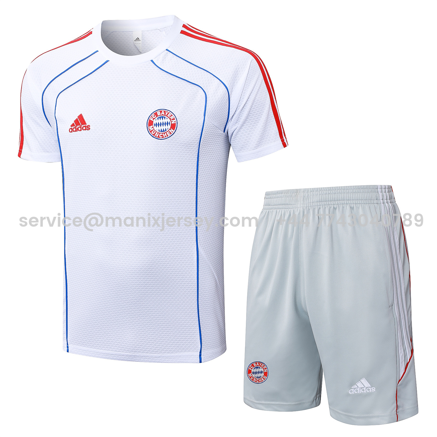 ManixJersey.com | Bayern Munich 25-26 Short-Sleeve Training Set - White Throwback Top & Grey Shorts -Customize Name, Number and Patch | Worldwide Shipping