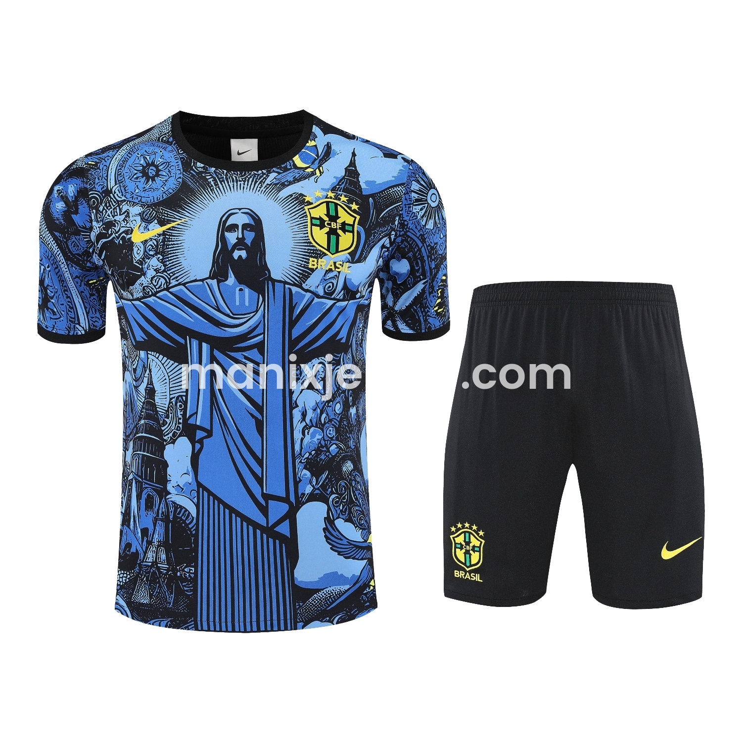 ManixJersey.com | Brazil 25-26 Blue Jesus Statue Short-Sleeve Training Set - Blue Top & Black Shorts -Customize Name, Number and Patch | Worldwide Shipping