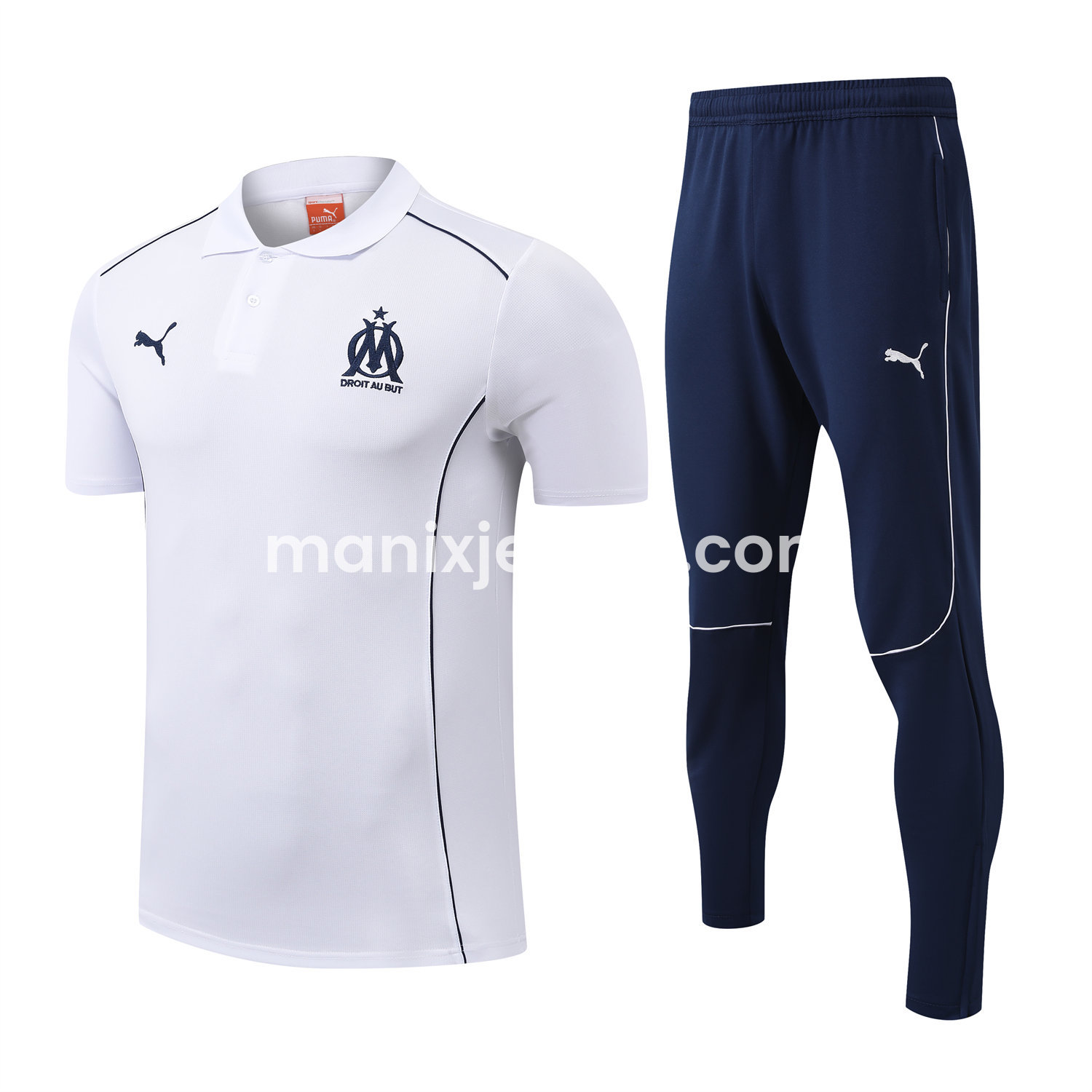 ManixJersey.com | Marseille 25-26 POLO Short-Sleeve Training Set - White Top and Deep Blue Pants -Customize Name, Number and Patch | Worldwide Shipping