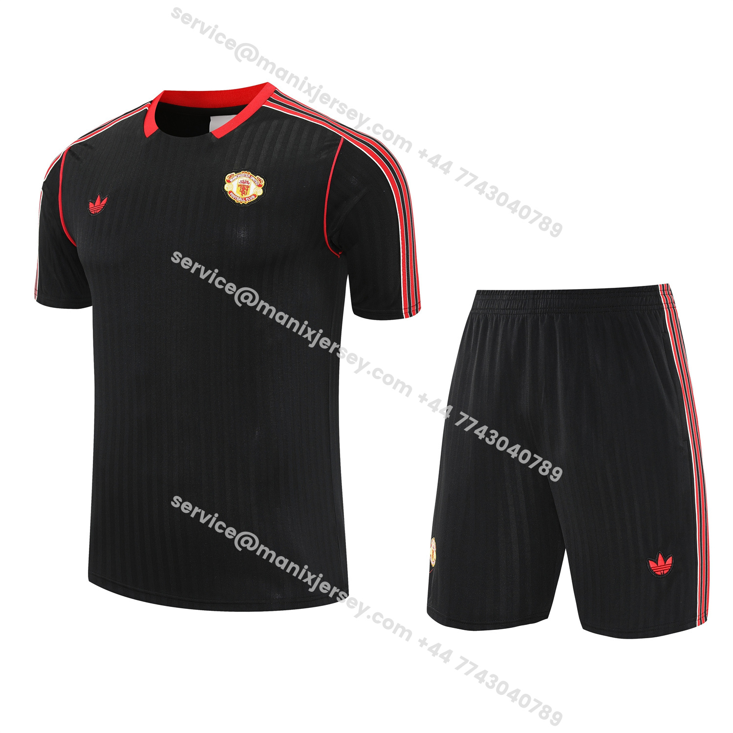 ManixJersey.com | Manchester United 25-26 Short-Sleeve Training Set - Red Lines Black Top & Black Shorts -Customize Name, Number and Patch | Worldwide Shipping