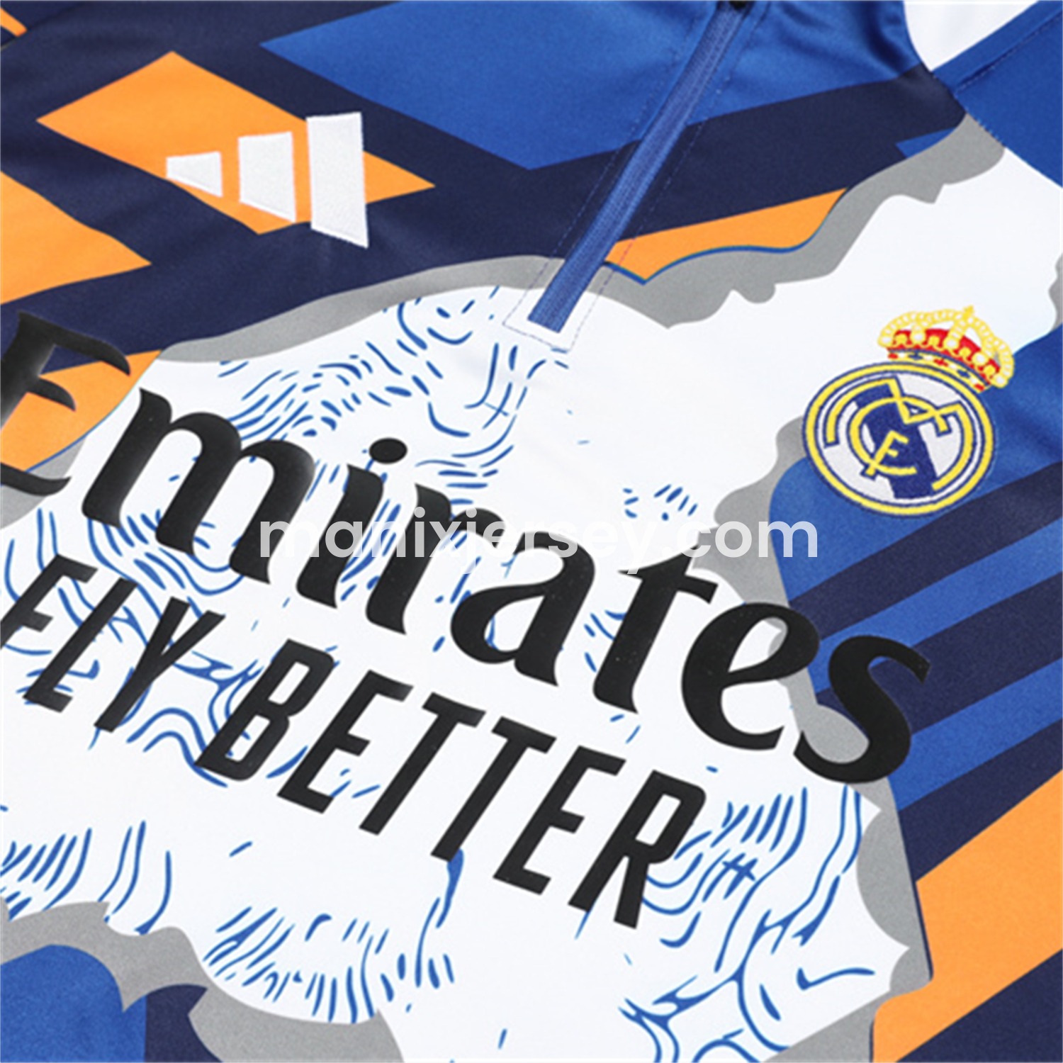 ManixJersey.com | Real Madrid 25-26 Kids Long Sleeve Training Set - Yellow, White and Blue Camouflage Top and Black Pants -Customize Name, Number and Patch | Worldwide Shipping