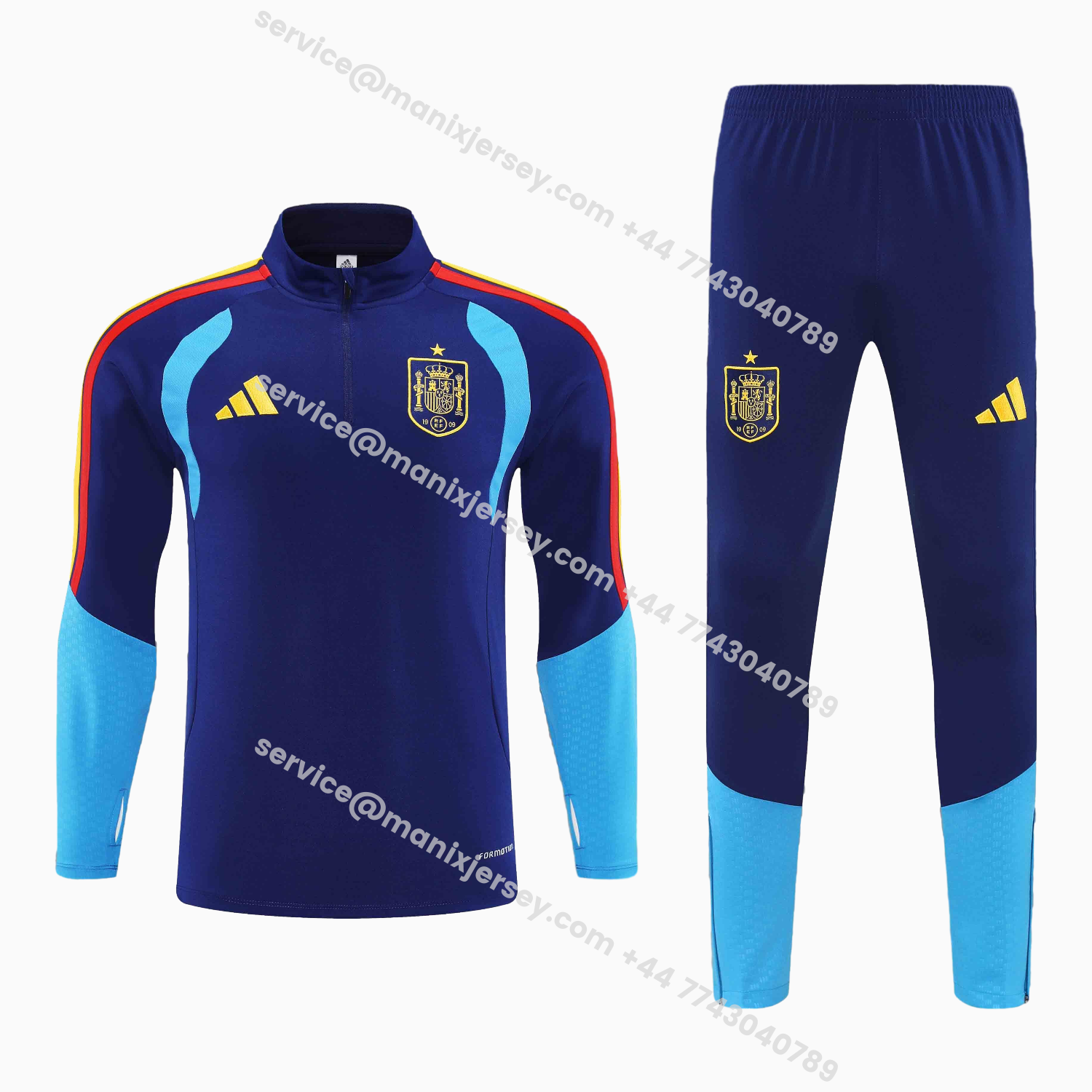 ManixJersey.com | Spain 2026 Kids Long Sleeve Training Set - Deep Blue Top & Pants -Customize Name, Number and Patch | Worldwide Shipping