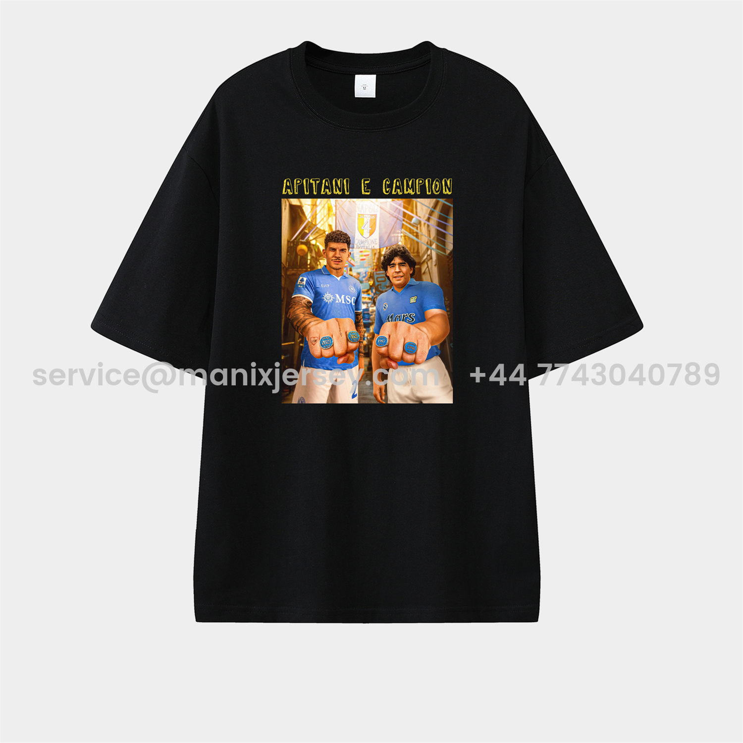 ManixJersey.com | Napoli Apitani E Campion 2025 Unisex Pure Cotton T-shirt -Customize Name, Number and Patch | Worldwide Shipping