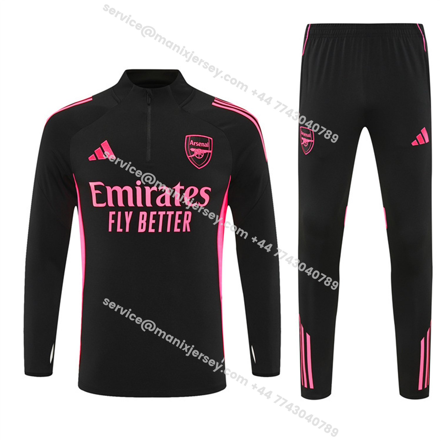 ManixJersey.com | Arsenal 25-26 Long Sleeve Training Set - Pink Logo Black Top & Black Pants -Customize Name, Number and Patch | Worldwide Shipping