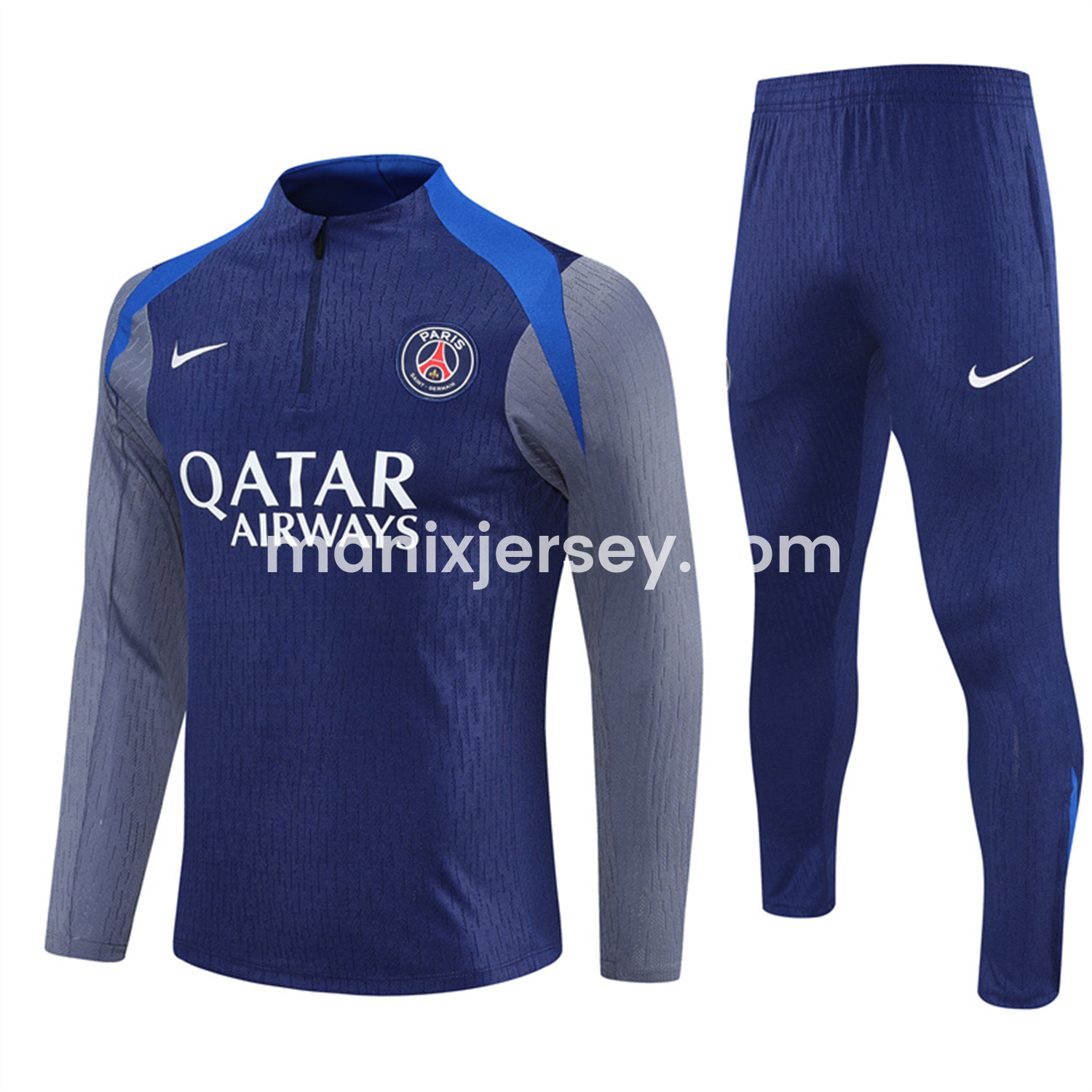 ManixJersey.com | Paris Saint-Germain PSG 25-26 Long Sleeves Training Set - Royal Blue Gray Sleeves Top & Royal Blue Pants -Customize Name, Number and Patch | Worldwide Shipping