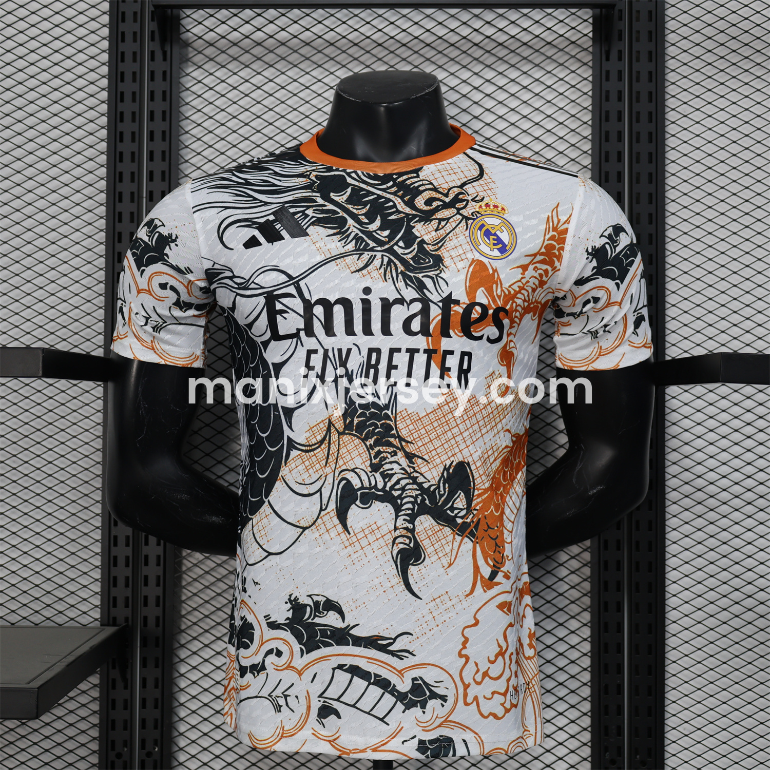 ManixJersey.com | Real Madrid 24-25 Black & Orange Loong White Jersey - Player Version -Customize Name, Number and Patch | Worldwide Shipping