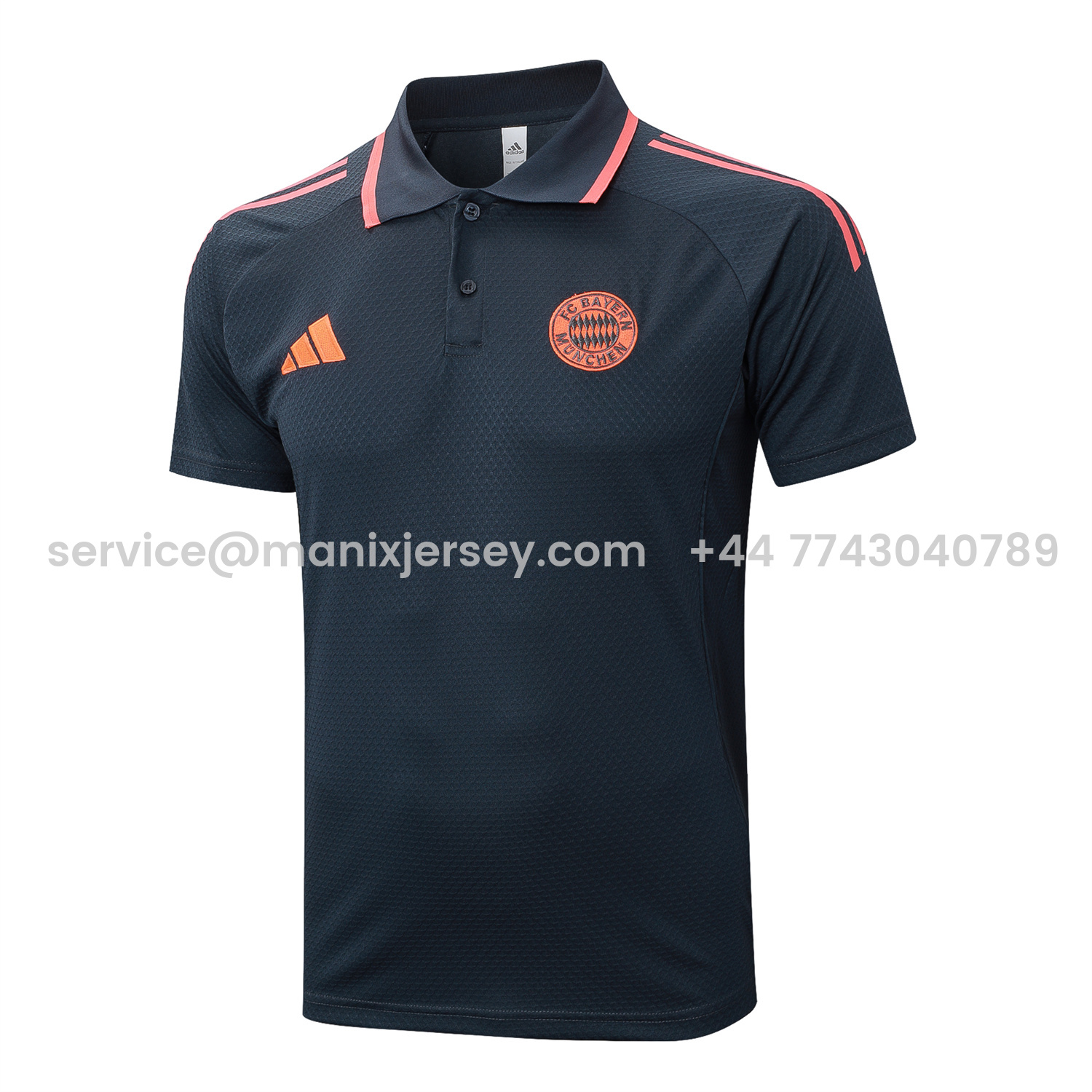 ManixJersey.com | Bayern Munich 25-26 POLO Short-Sleeve Training Set - Deep Grey Top and Pants with Orange Badge -Customize Name, Number and Patch | Worldwide Shipping