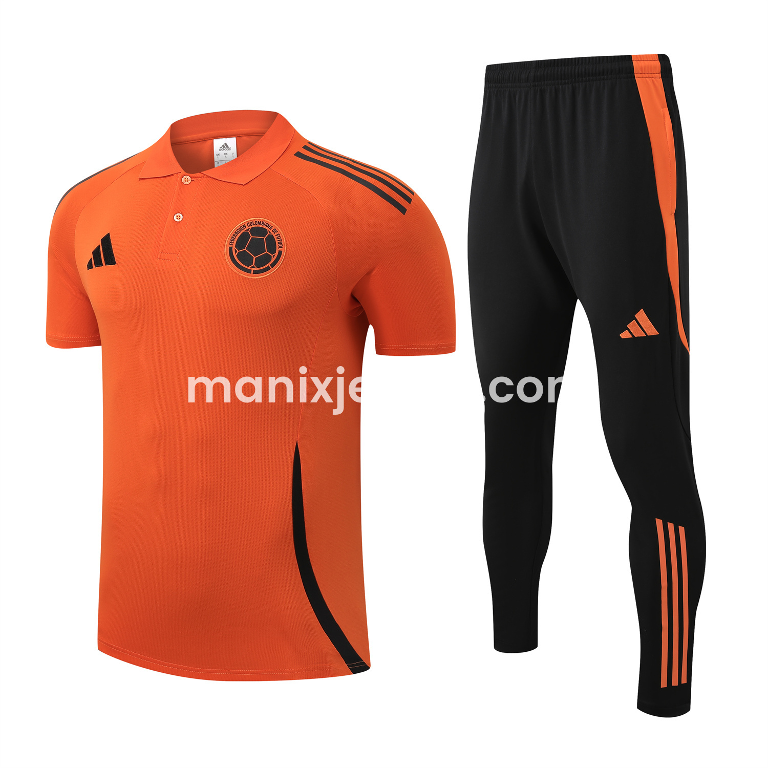 ManixJersey.com | Colombia 25-26 POLO Short-Sleeve Training Set - Orange Top and Black Pants -Customize Name, Number and Patch | Worldwide Shipping