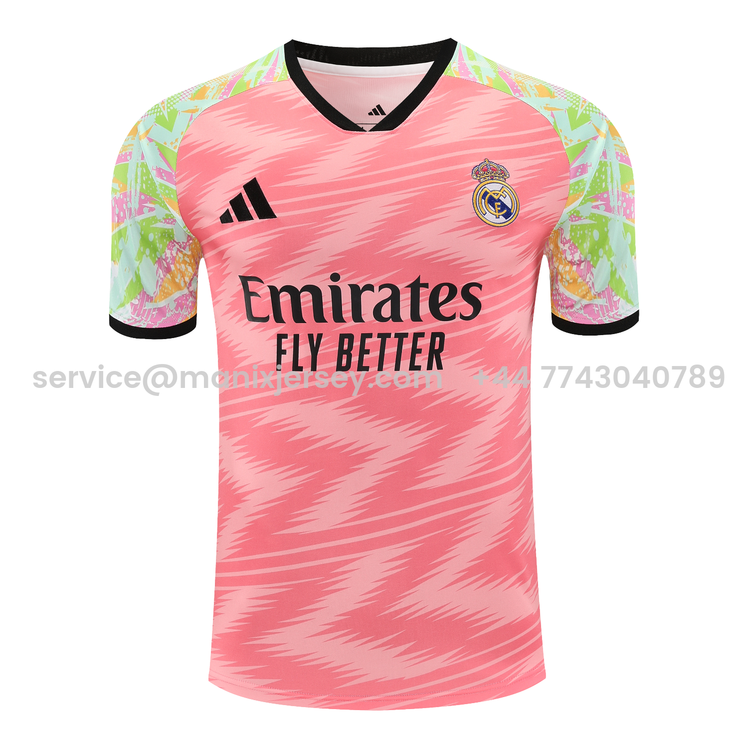 ManixJersey.com | Real Madrid 25-26 Short-Sleeve Training Set - Pink Arrow Pattern Top & Black Shorts -Customize Name, Number and Patch | Worldwide Shipping