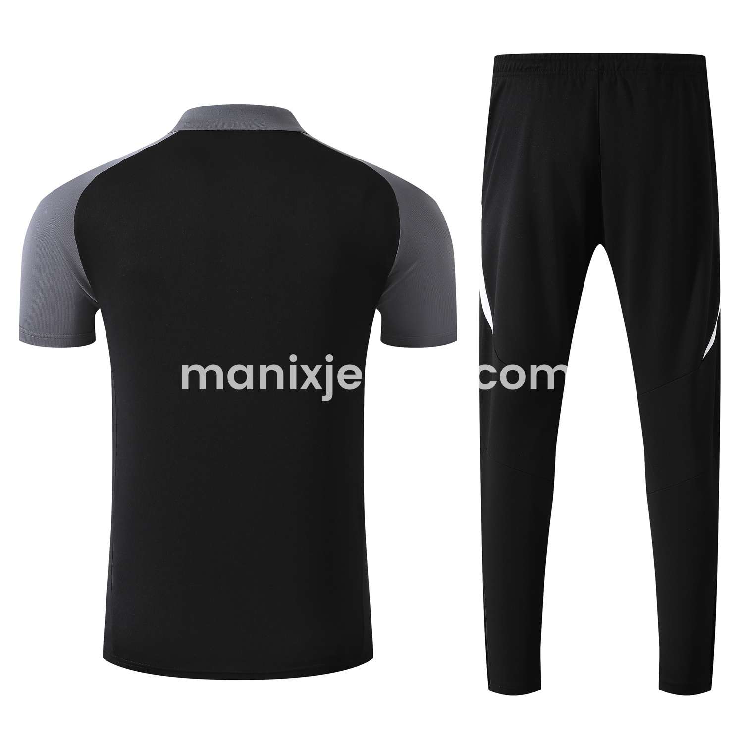 ManixJersey.com | Manchester United 25-26 POLO Short-Sleeve Training Set - Black Top and Pants with White Stripes -Customize Name, Number and Patch | Worldwide Shipping