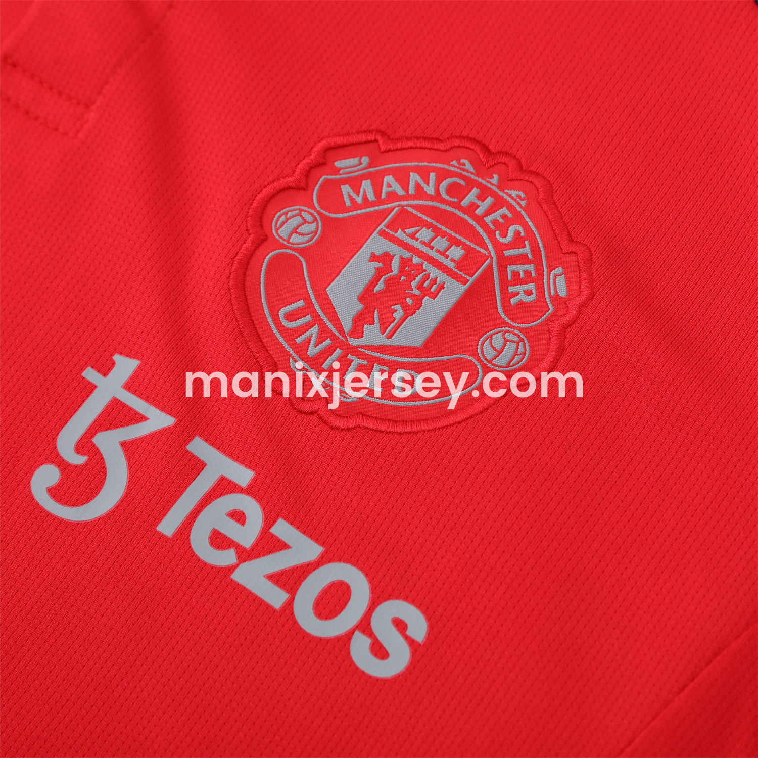ManixJersey.com | Manchester United 25-26 POLO Short-Sleeve Training Set - Red Top and Deep Blue Pants -Customize Name, Number and Patch | Worldwide Shipping
