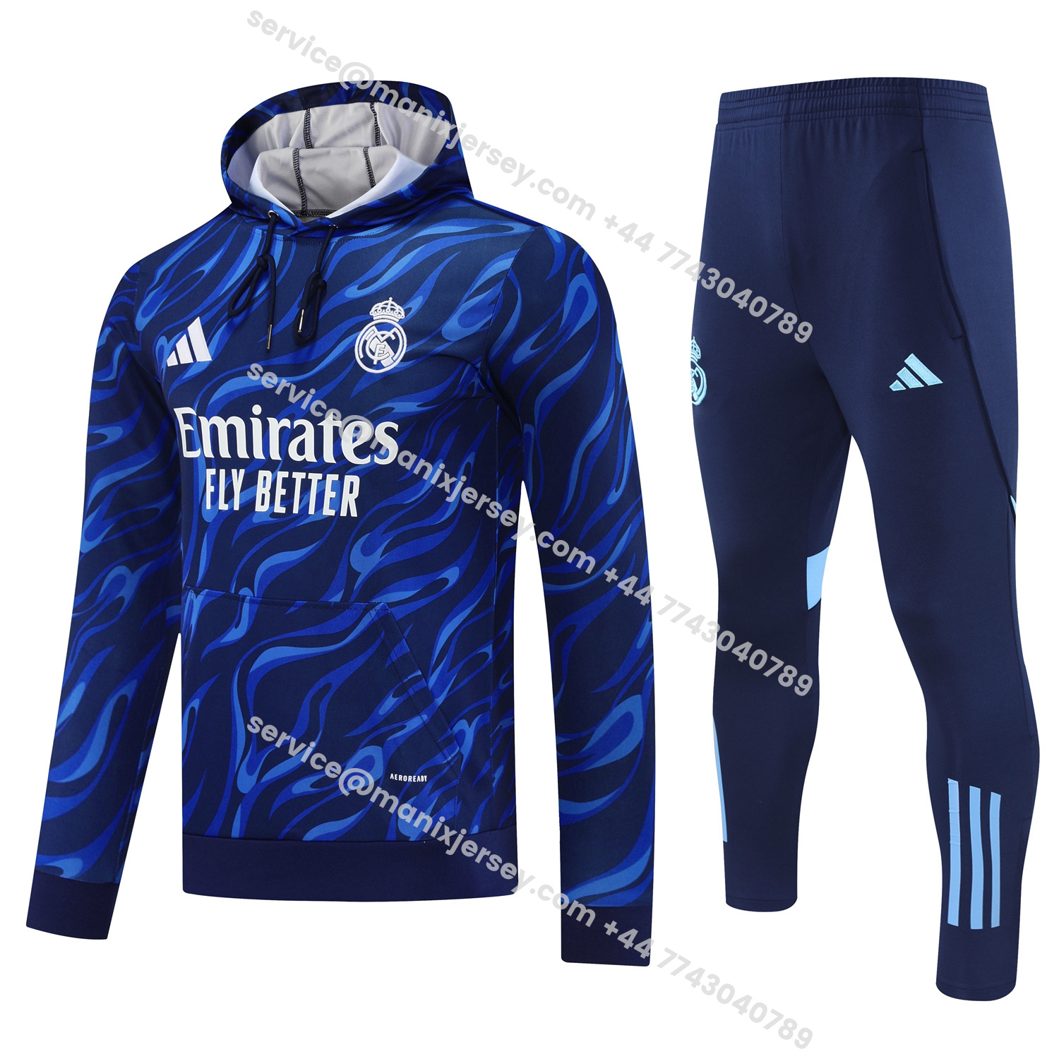 ManixJersey.com | Real Madrid 25-26 Training Hoodie Set - Blue Hoodie and Deep Blue Pants -Customize Name, Number and Patch | Worldwide Shipping