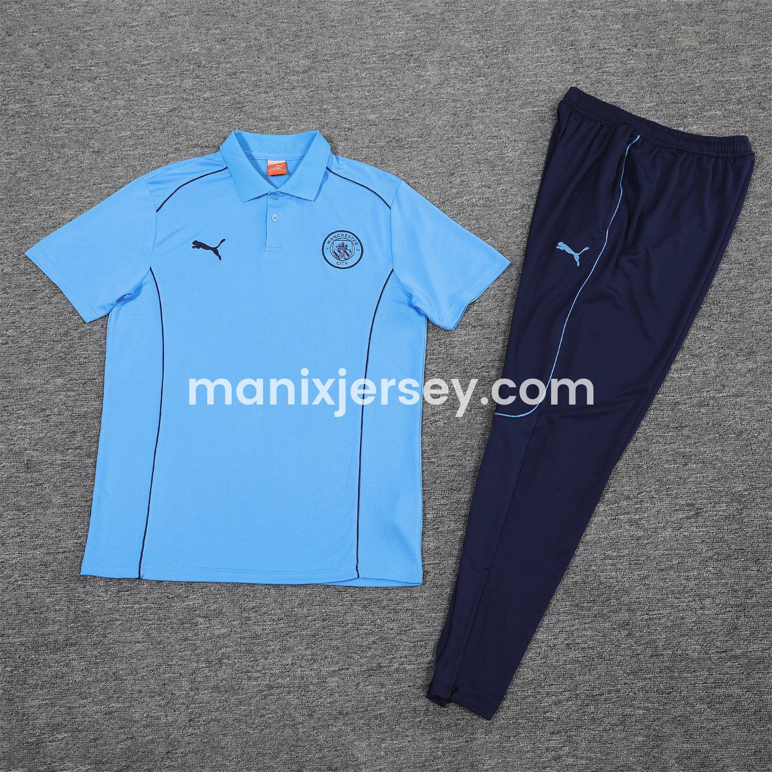ManixJersey.com | Manchester City 25-26 POLO Short-Sleeve Training Set - Blue Top and Deep Blue Pants -Customize Name, Number and Patch | Worldwide Shipping
