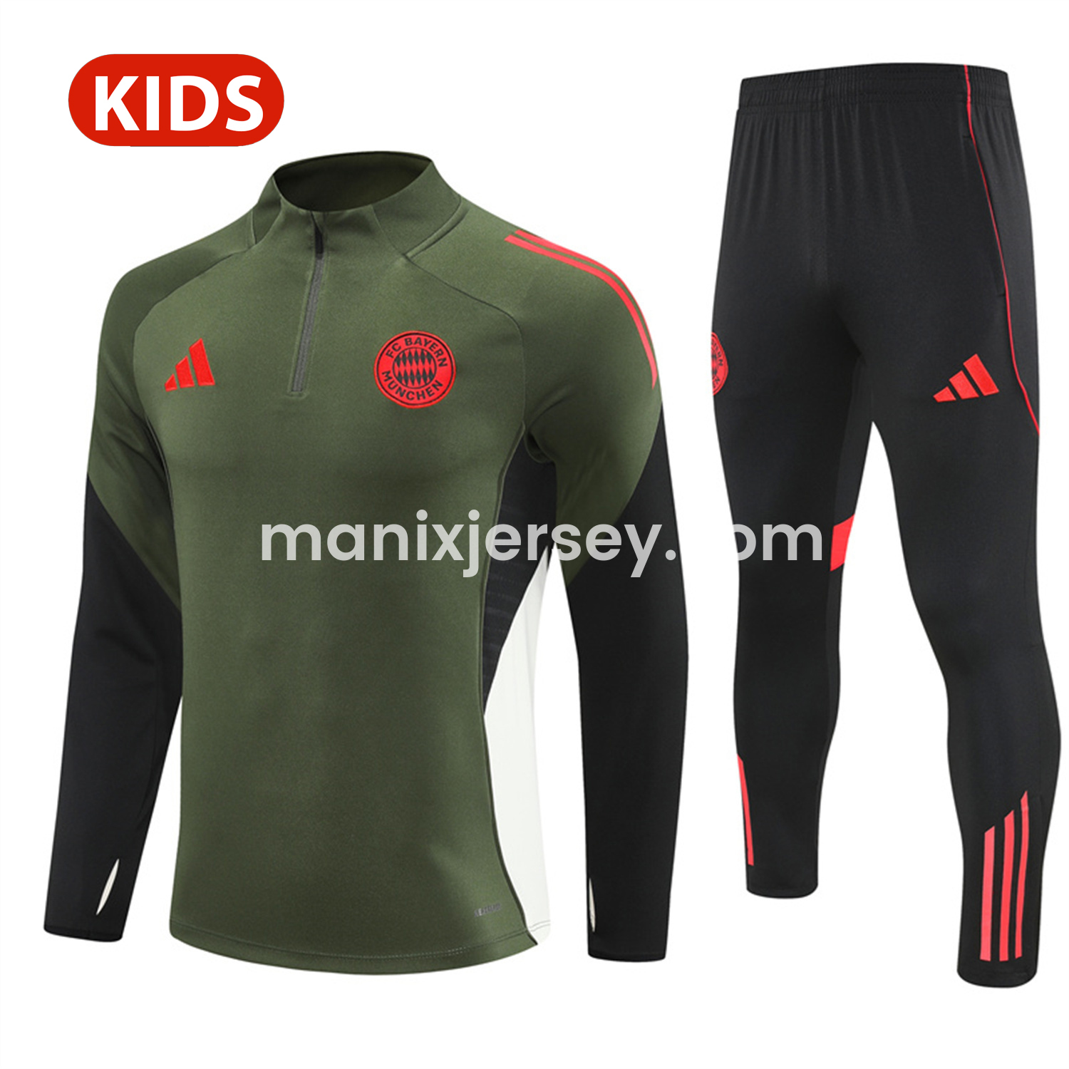 ManixJersey.com | Bayern Munich 25-26 Kid Long Sleeves Training Set - Green Top & Black Pants -Customize Name, Number and Patch | Worldwide Shipping