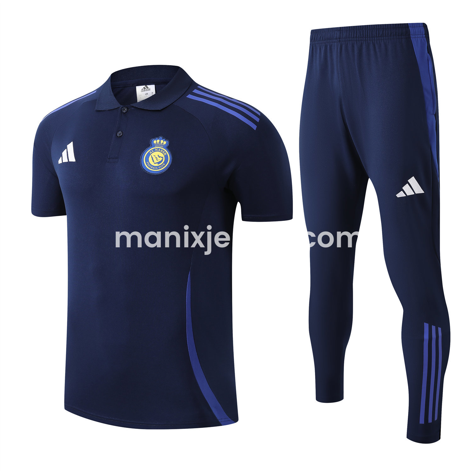 ManixJersey.com | Al Nassr Riyadh Victory 25-26 POLO Short-Sleeve Training Set - Deep Blue Top and Pants -Customize Name, Number and Patch | Worldwide Shipping