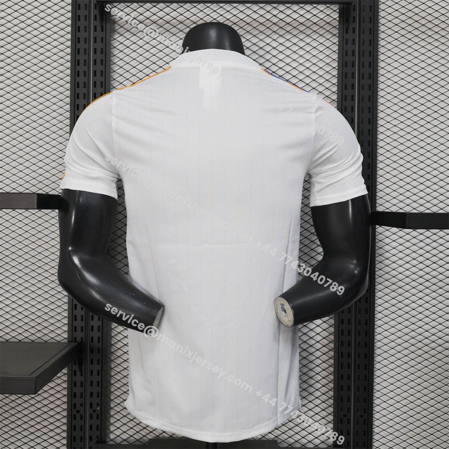 ManixJersey.com | Real Madrid 25-26 Trefoil Blue Lines White Travel Jersey - Player Version -Customize Name, Number and Patch | Worldwide Shipping