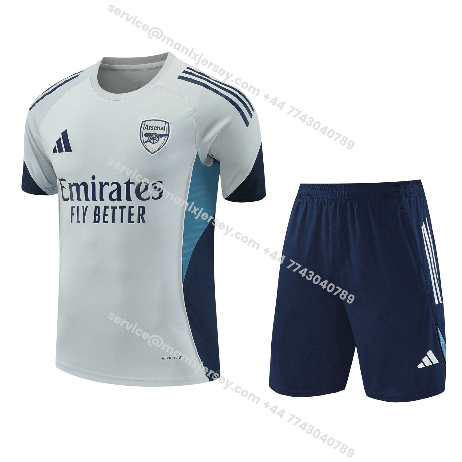 ManixJersey.com | Arsenal 25-26 Short-Sleeve Training Set - Grey Top & Deep Blue Shorts -Customize Name, Number and Patch | Worldwide Shipping