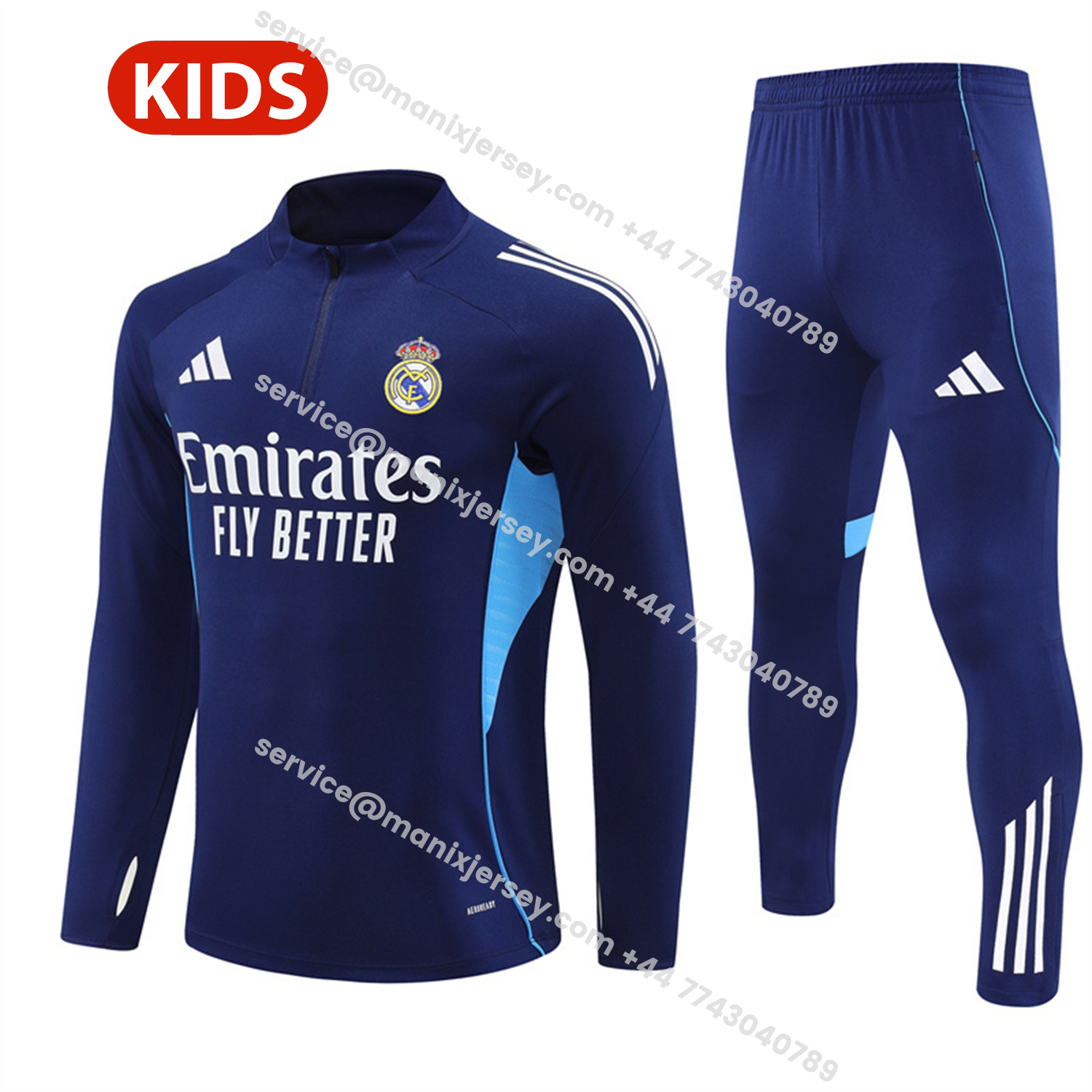 ManixJersey.com | Real Madrid 25-26 Kids Long Sleeve Training Set - Deep Blue Top & Pants -Customize Name, Number and Patch | Worldwide Shipping