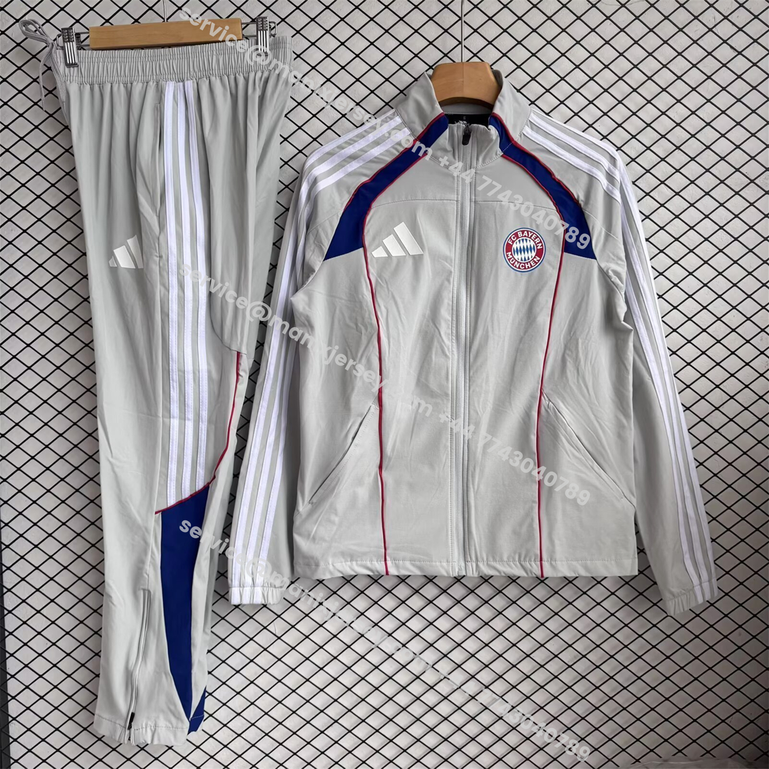 ManixJersey.com | Bayern Munich 25-26 Red Lines Windbreaker Training Set - White Top and Pants -Customize Name, Number and Patch | Worldwide Shipping