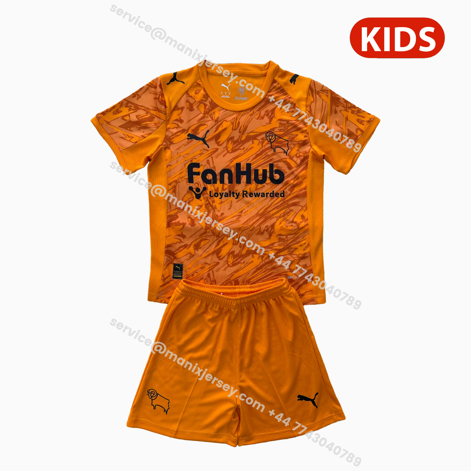 ManixJersey.com | Derby County 25-26 Orange Goalkeeper Kids Kit -Customize Name, Number and Patch | Worldwide Shipping
