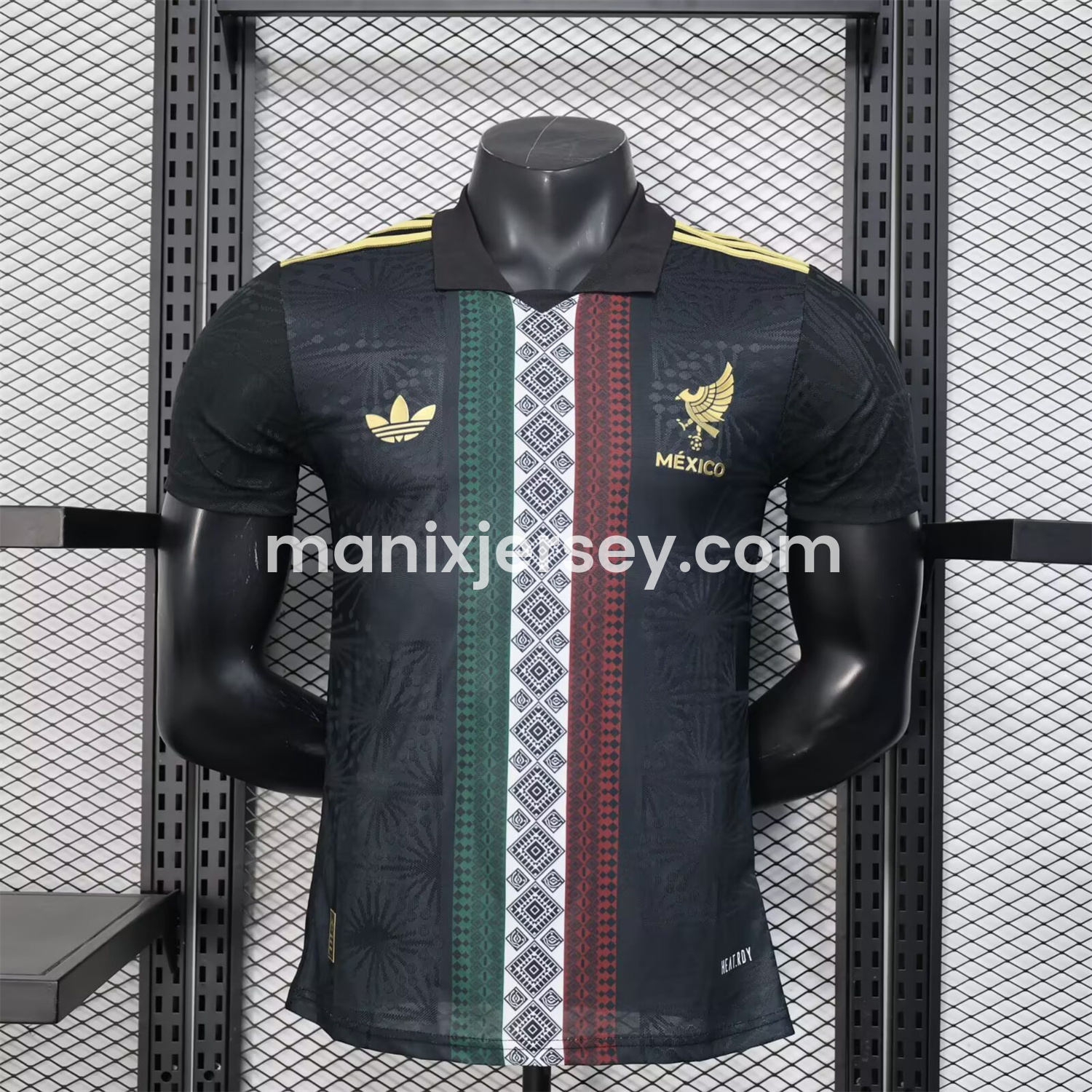 ManixJersey.com | Mexico 25-26 Black Polo Jersey with Red White and Green Decorative Pattern - Player Version -Customize Name, Number and Patch | Worldwide Shipping