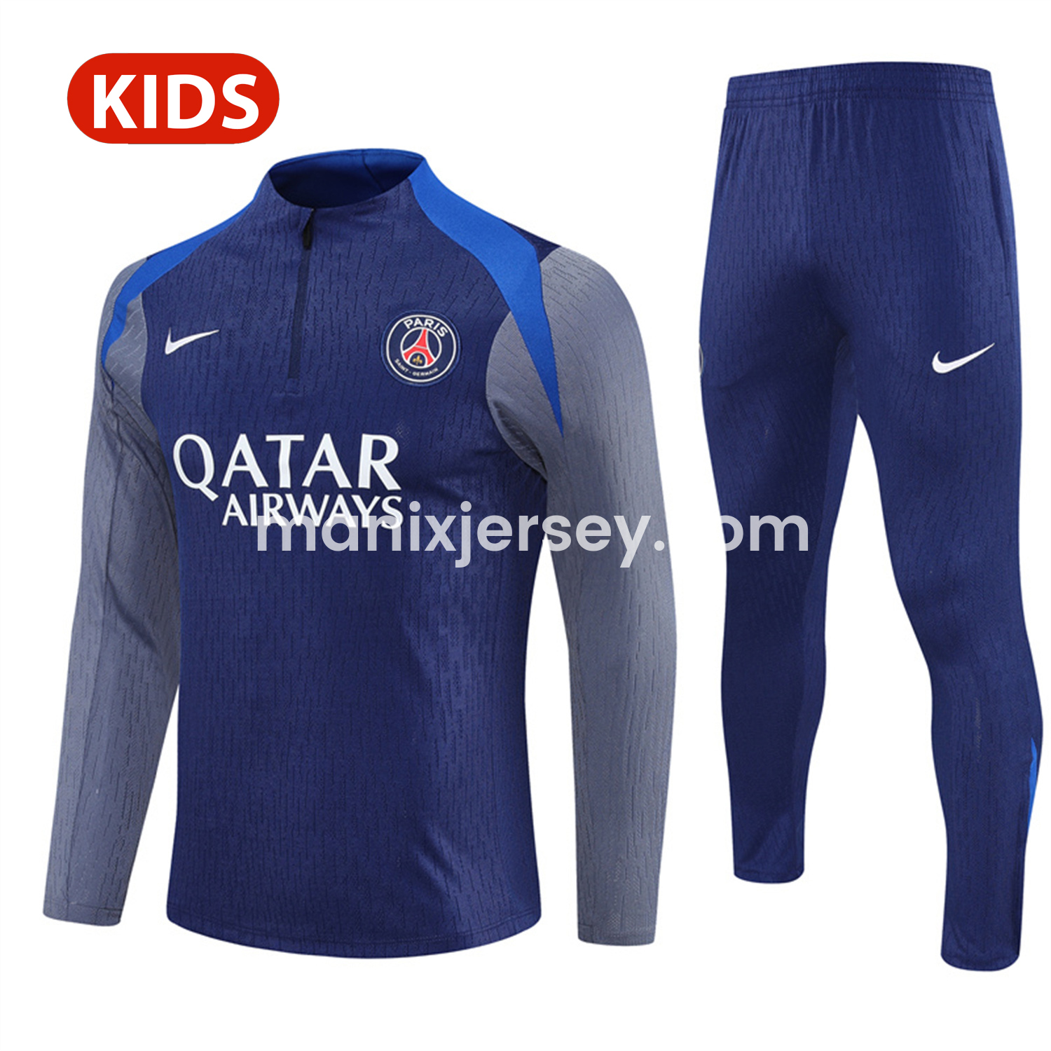 ManixJersey.com | Paris Saint-Germain PSG 25-26 Kid Long Sleeves Training Set - Royal Blue Gray Sleeves Top & Royal Blue Pants -Customize Name, Number and Patch | Worldwide Shipping