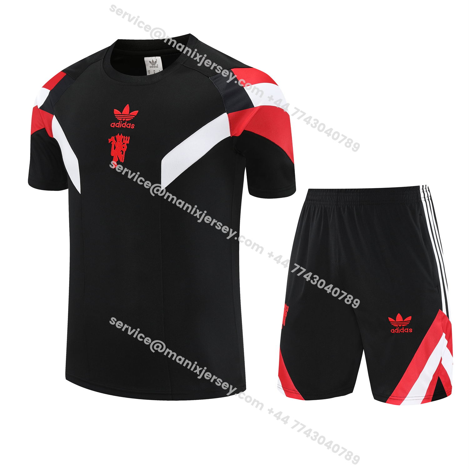 ManixJersey.com | Manchester United 25-26 Short-Sleeve Training Set - Red Devil Black Top & Black Shorts -Customize Name, Number and Patch | Worldwide Shipping