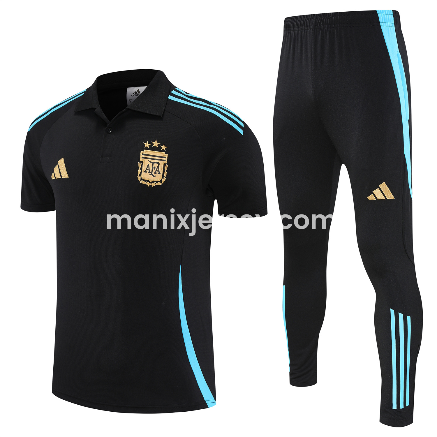 ManixJersey.com | Argentina 25-26 POLO Short-Sleeve Training Set - Deep Blue Top and Pants with Blue Stripes -Customize Name, Number and Patch | Worldwide Shipping