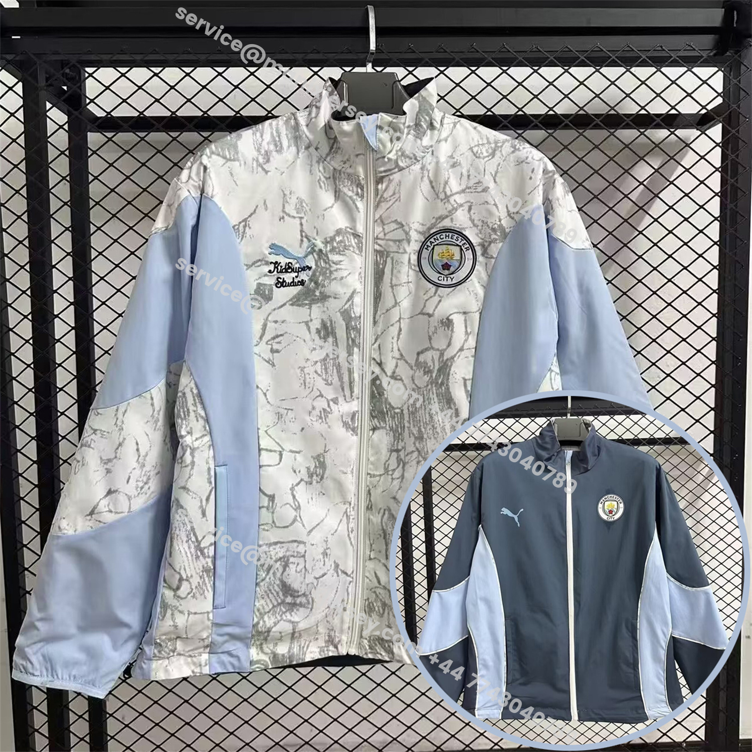 ManixJersey.com | Manchester City 25-26 Double Sided Reversible Windbreaker - Deep Blue & White -Customize Name, Number and Patch | Worldwide Shipping
