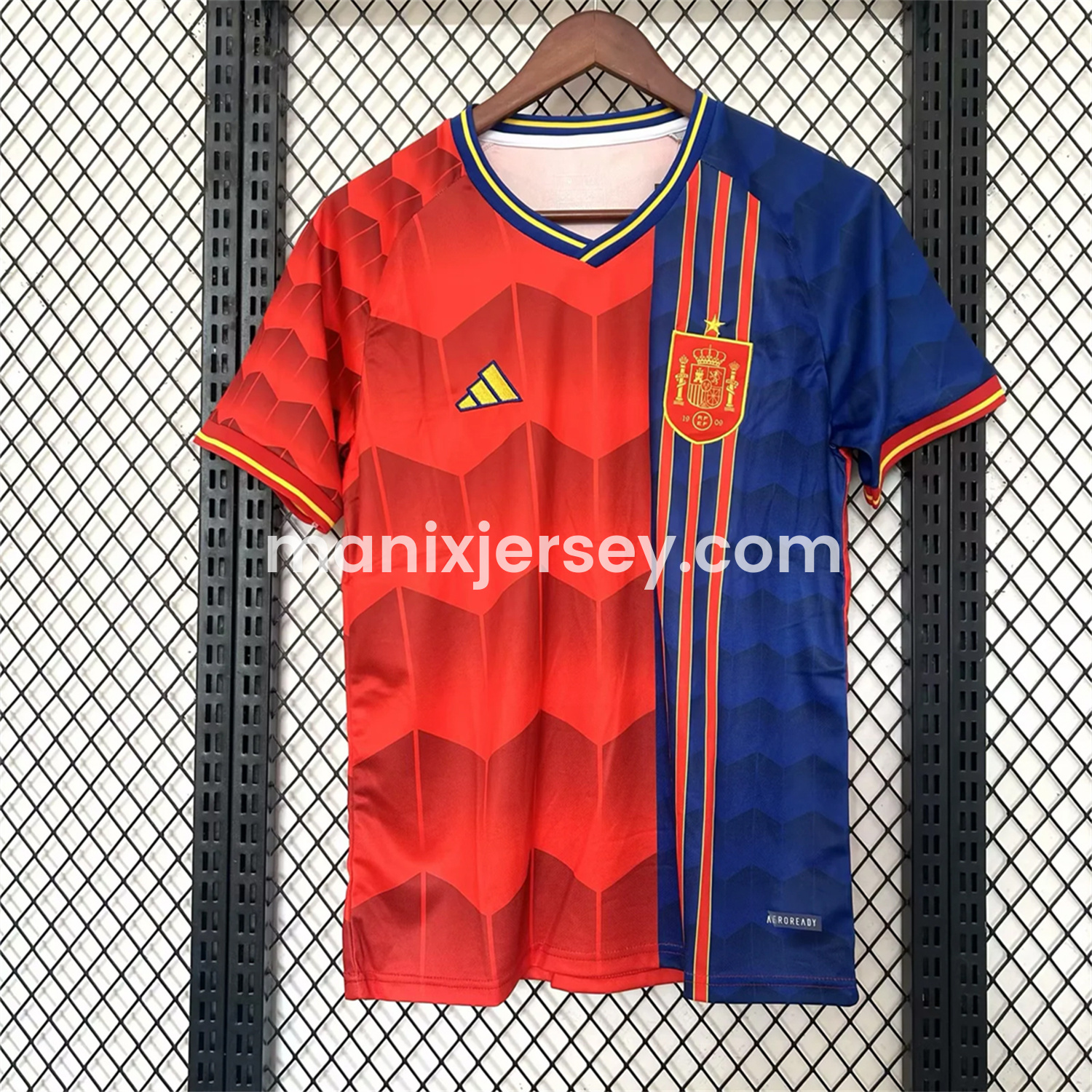 ManixJersey.com | Spain 25-26 Red and Blue Throwback Style Jersey - Fans Version -Customize Name, Number and Patch | Worldwide Shipping
