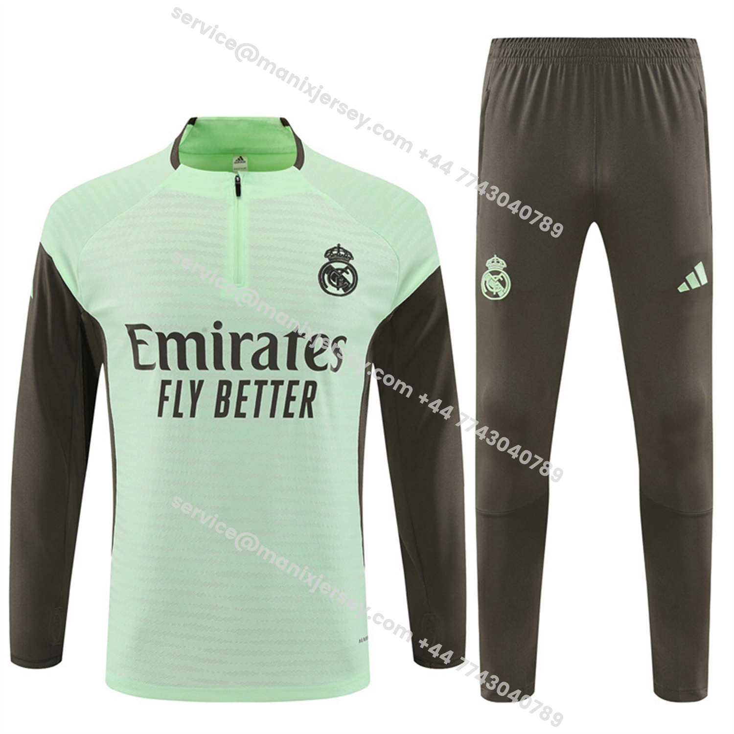 ManixJersey.com | Real Madrid 25-26 Kids Long Sleeve Training Set - Player Version - Light Green Top and Khaki Pants -Customize Name, Number and Patch | Worldwide Shipping