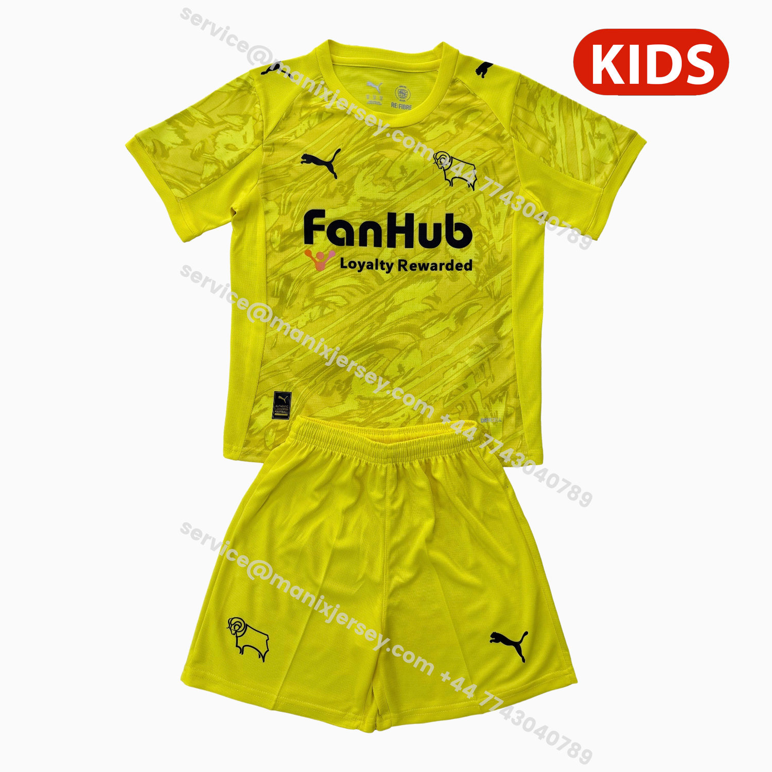 ManixJersey.com | Derby County 25-26 Yellow Goalkeeper Kids Kit -Customize Name, Number and Patch | Worldwide Shipping