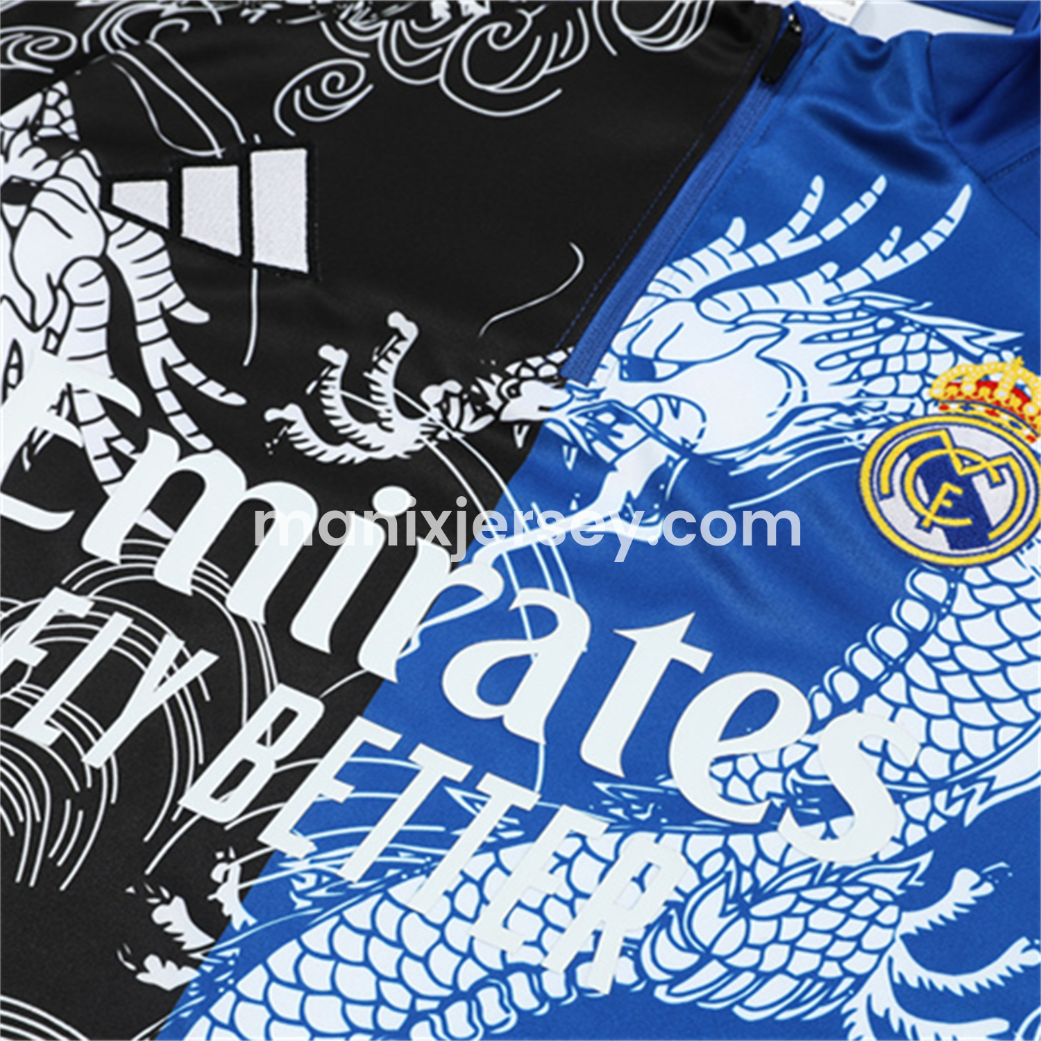 ManixJersey.com | Real Madrid 25-26 Kids Long Sleeve Training Set - White Loong Black Blue Top and Black Pants -Customize Name, Number and Patch | Worldwide Shipping