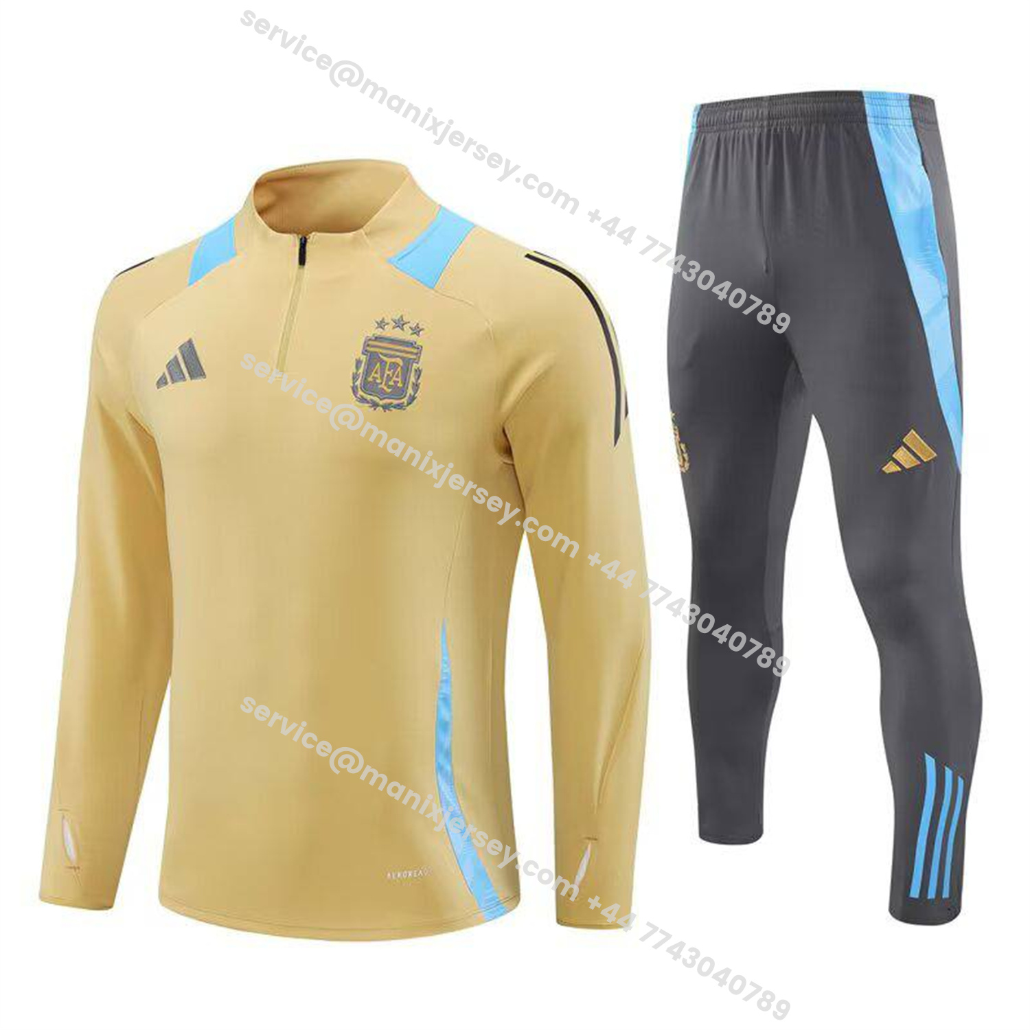 ManixJersey.com | Argentina 25-26 Long Sleeve Training Set - Gold Top and Grey Pants -Customize Name, Number and Patch | Worldwide Shipping