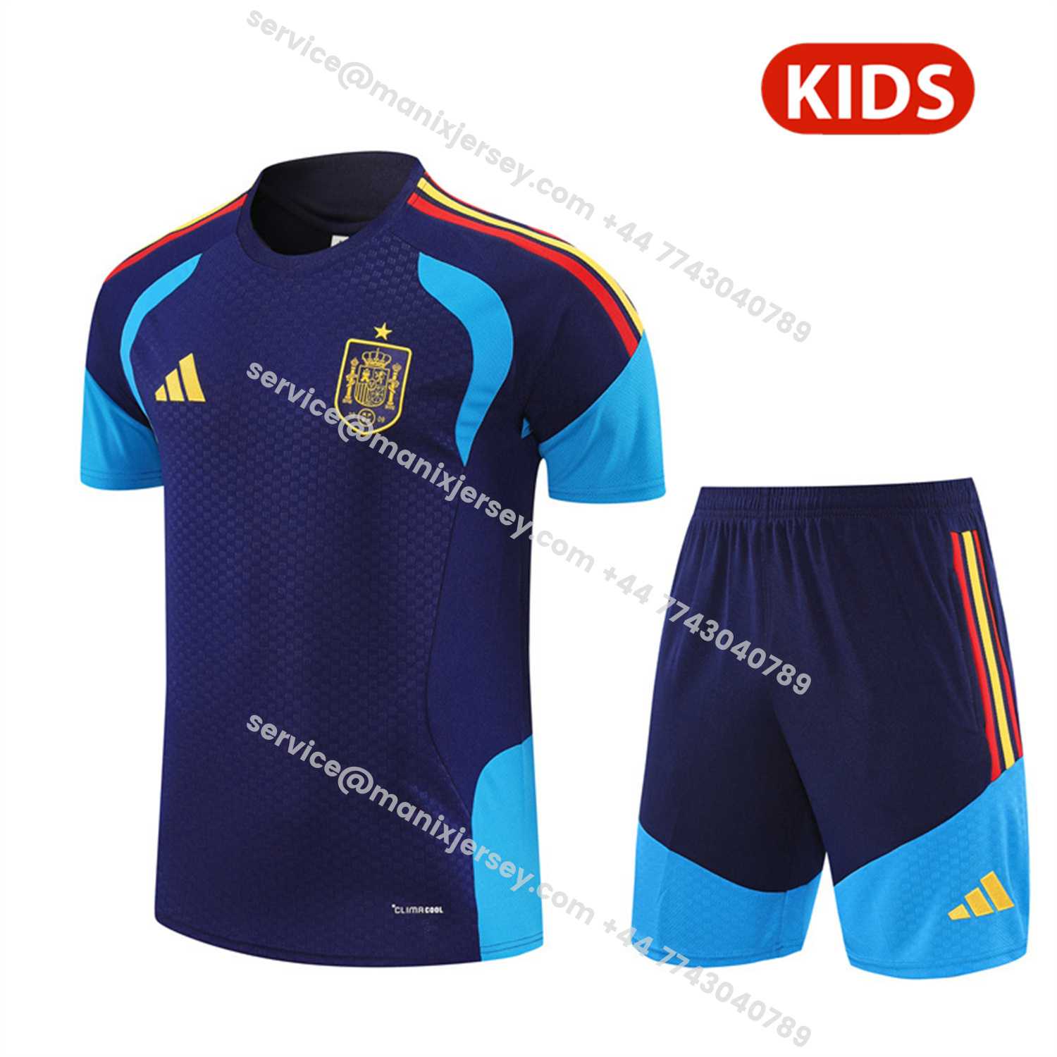 ManixJersey.com | Spain 2026 Kids Short-Sleeve Training Set - Royal Blue Top & Shorts -Customize Name, Number and Patch | Worldwide Shipping