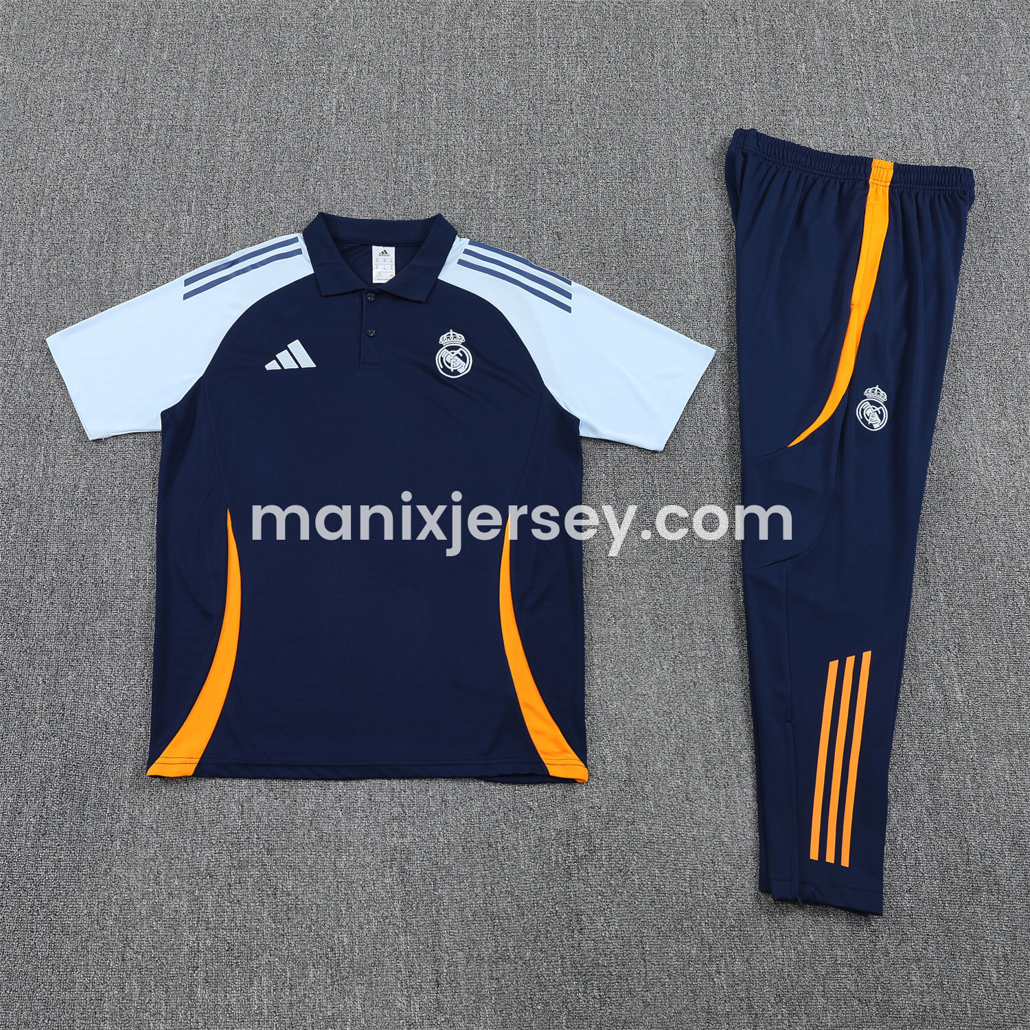 ManixJersey.com | Real Madrid 25-26 POLO Short-Sleeve Training Set - Deep Blue Top and Pants with Yellow Stripes -Customize Name, Number and Patch | Worldwide Shipping